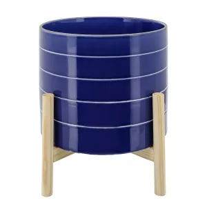 10" STRIPED PLANTER W/ WOOD STAND, NAVY