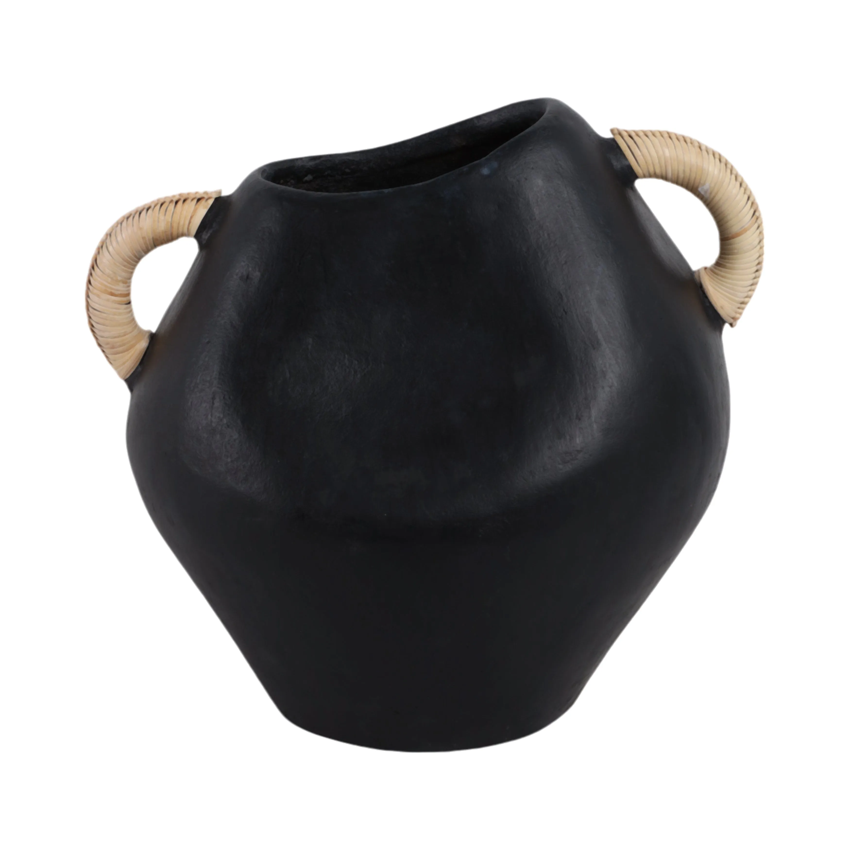 10" Terracotta Jug Vase W/rattan Handles, Blk