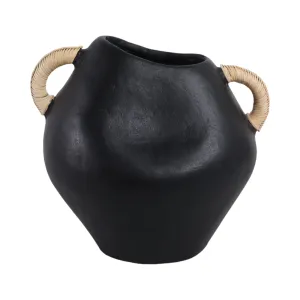 10" Terracotta Jug Vase W/rattan Handles, Blk