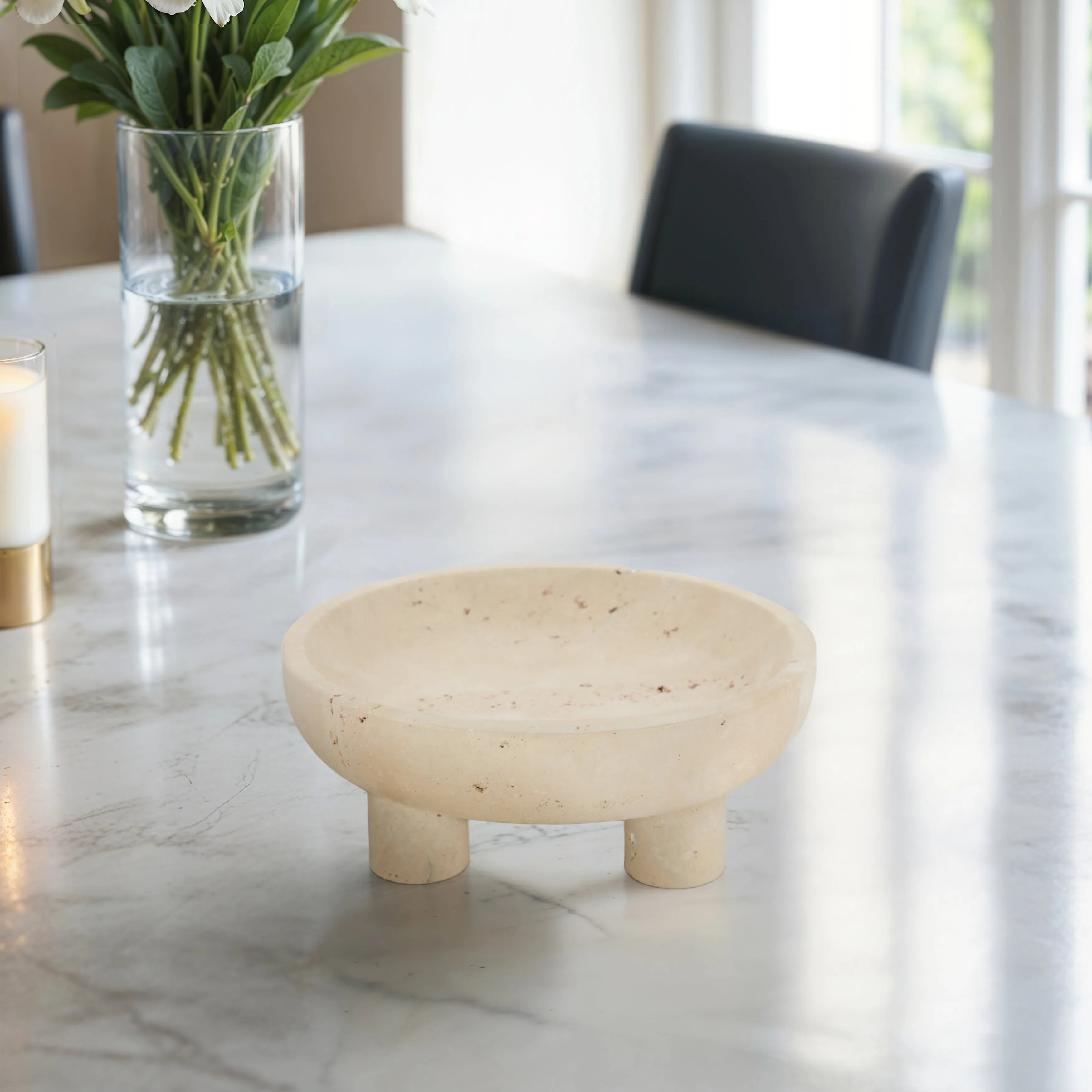 10" TRAVERTINE FOOTED BOWL, TAN