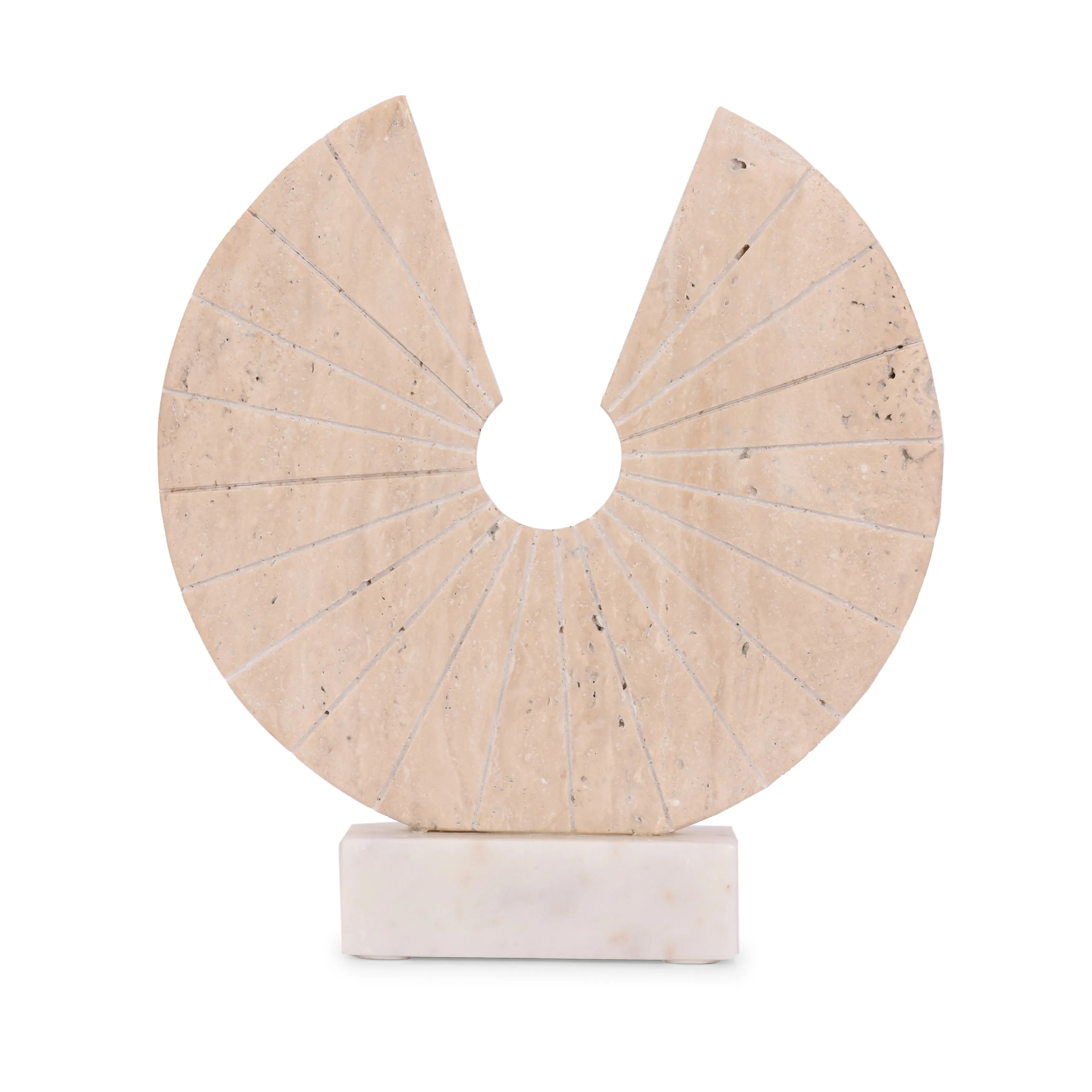 11x10" Travertine Open Circle On Marble Base, Tan/