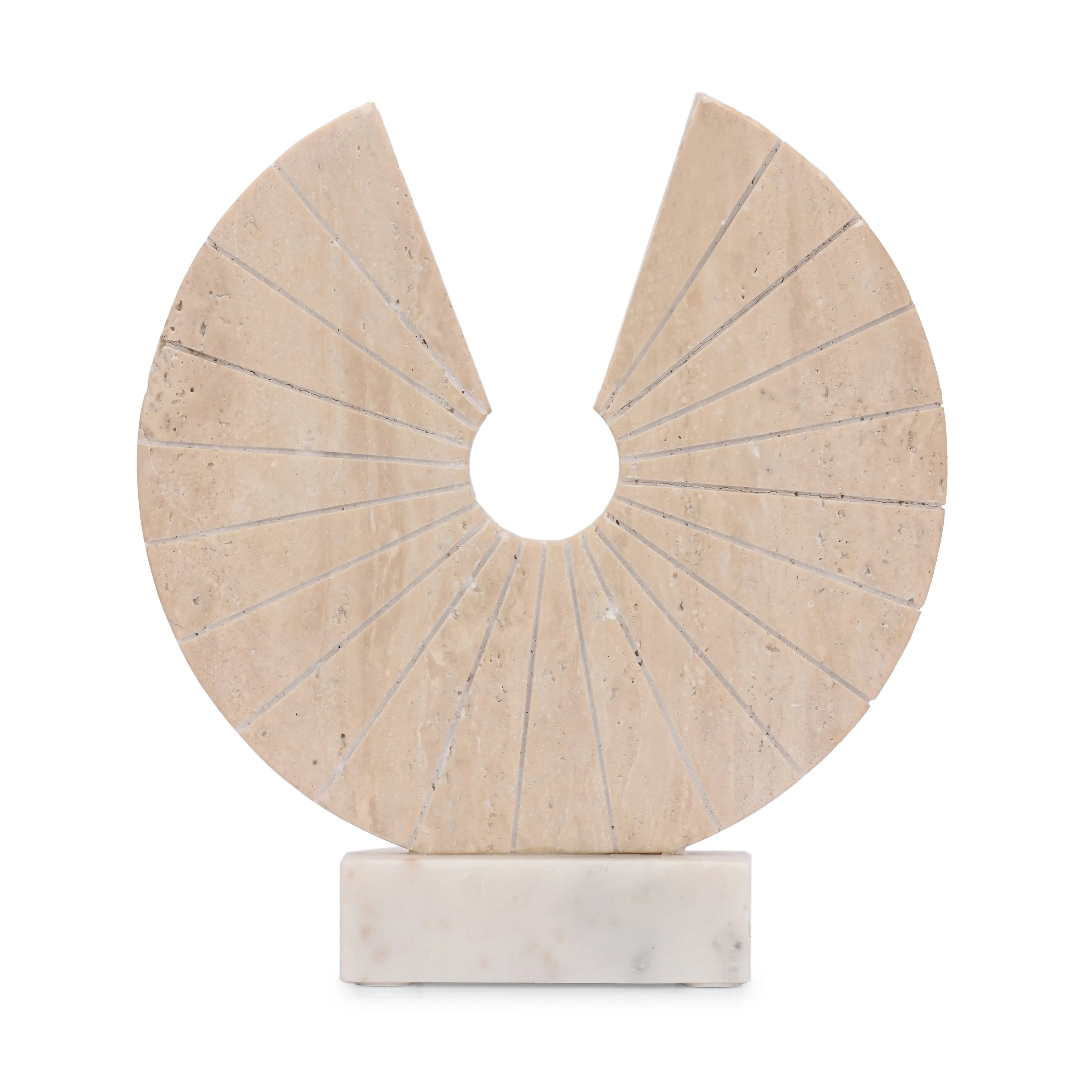 11x10" Travertine Open Circle On Marble Base, Tan/