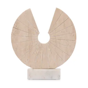 11x10" Travertine Open Circle On Marble Base, Tan/
