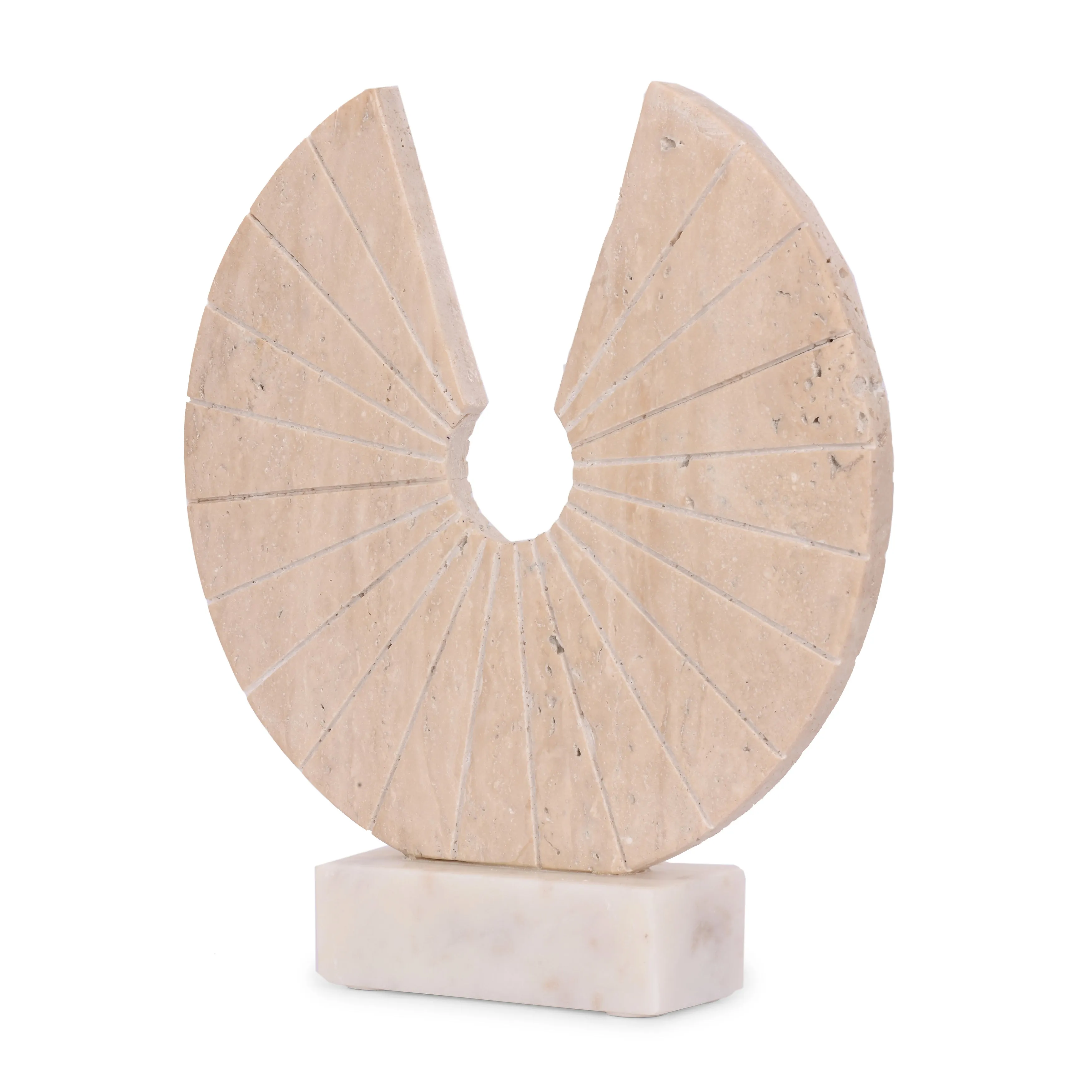 11x10" Travertine Open Circle On Marble Base, Tan/