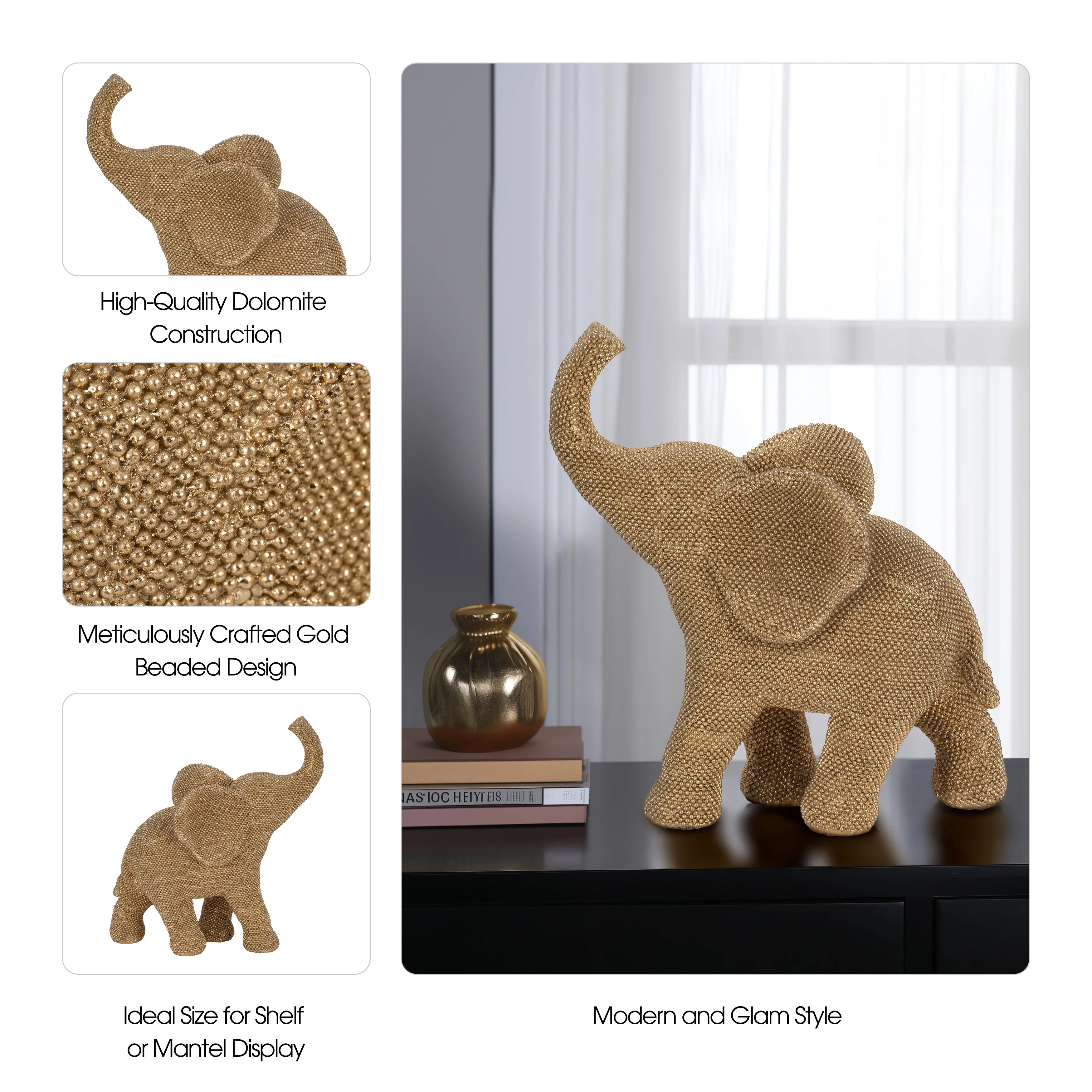 12" Beaded Elephant, Gold