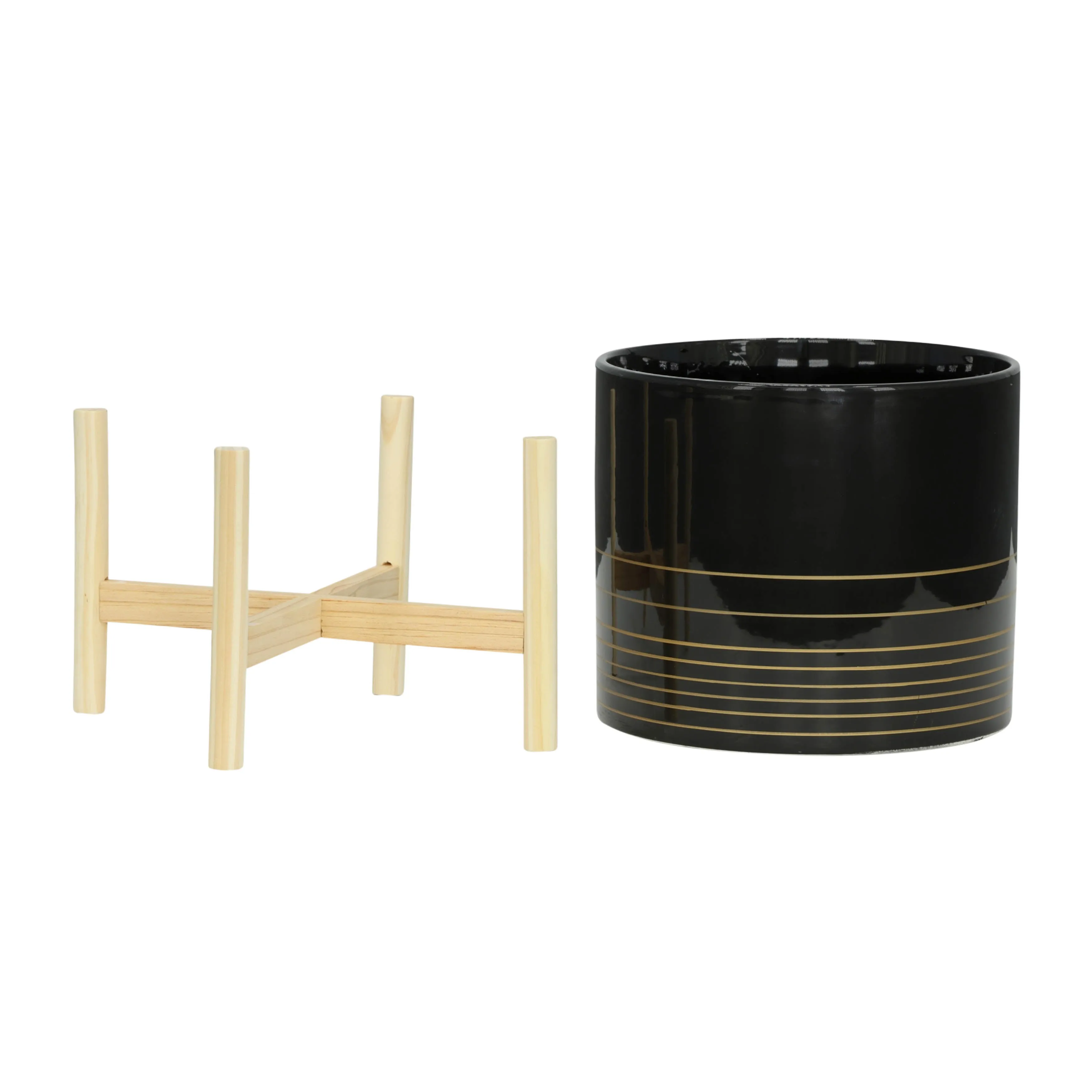 12" CERAMIC METALLIC PLANTER W/ WOOD STAND, BLACK