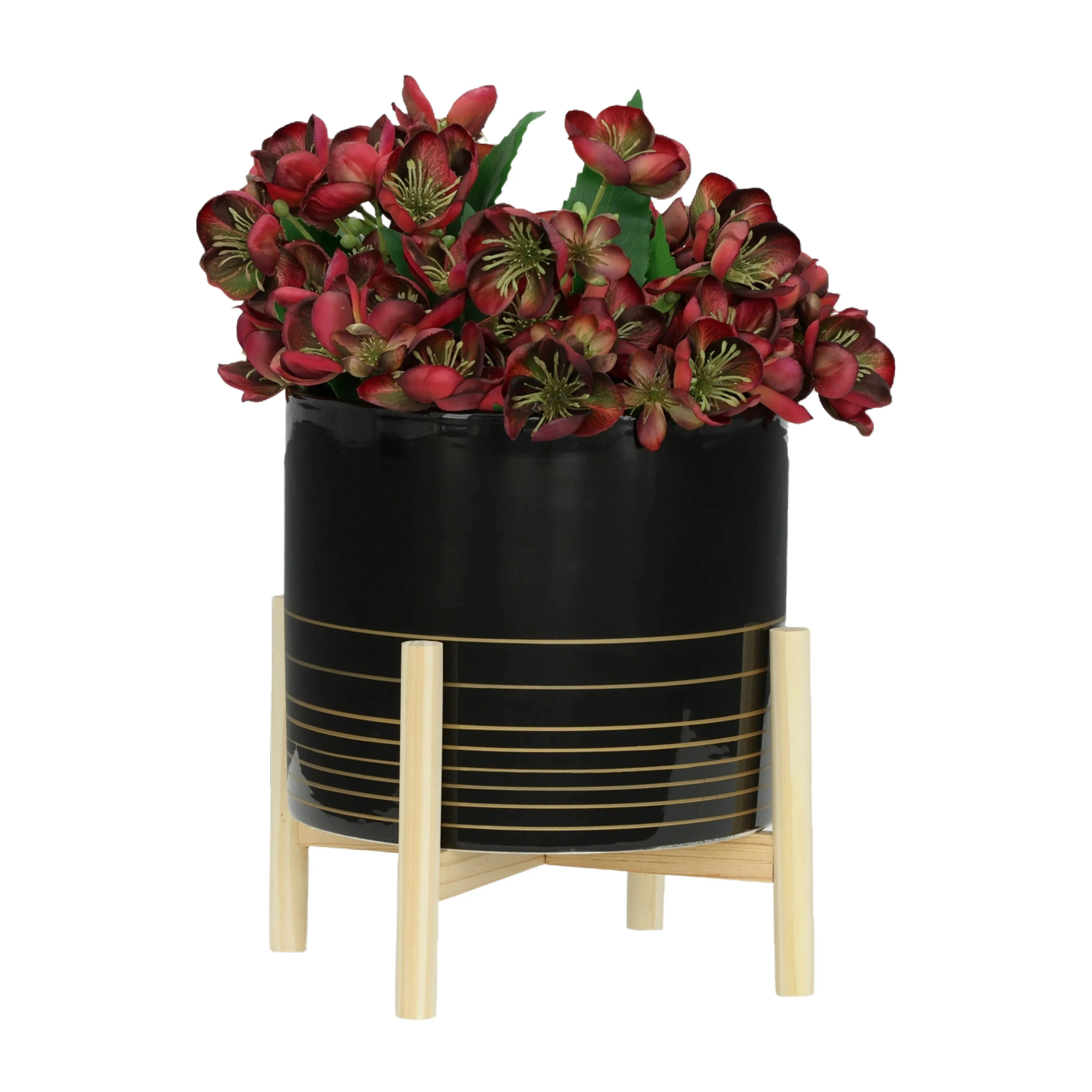 12" CERAMIC METALLIC PLANTER W/ WOOD STAND, BLACK