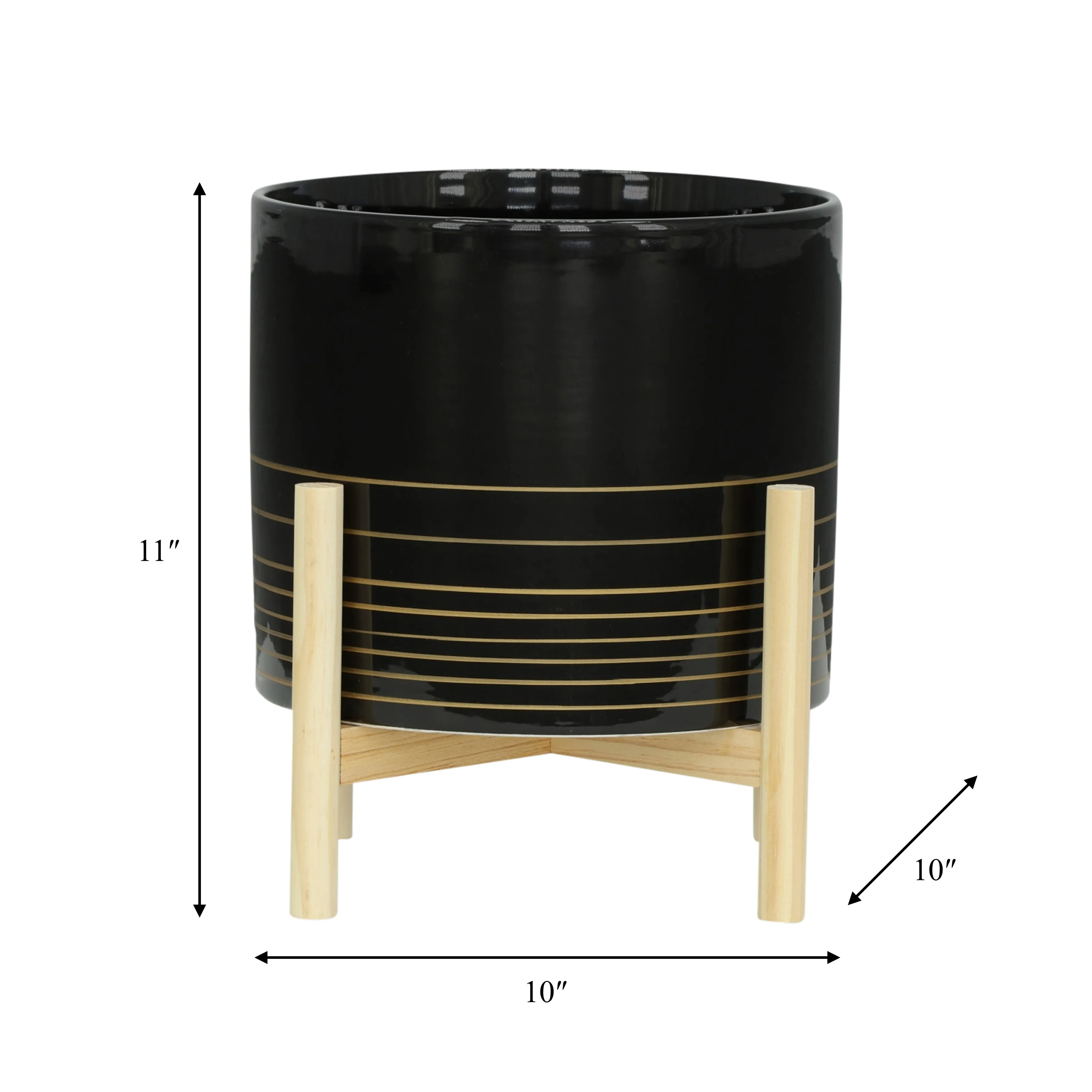 12" CERAMIC METALLIC PLANTER W/ WOOD STAND, BLACK
