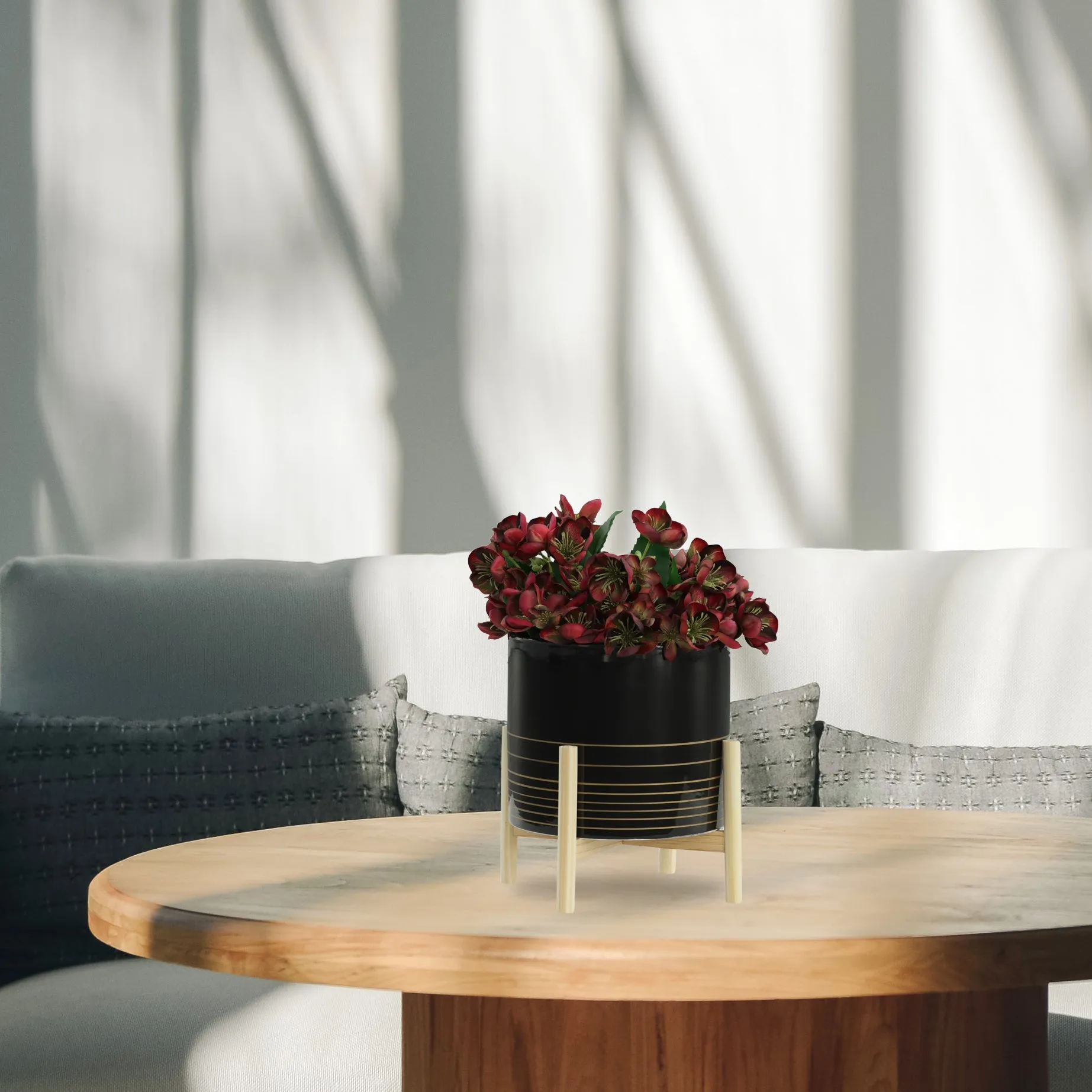 12" CERAMIC METALLIC PLANTER W/ WOOD STAND, BLACK