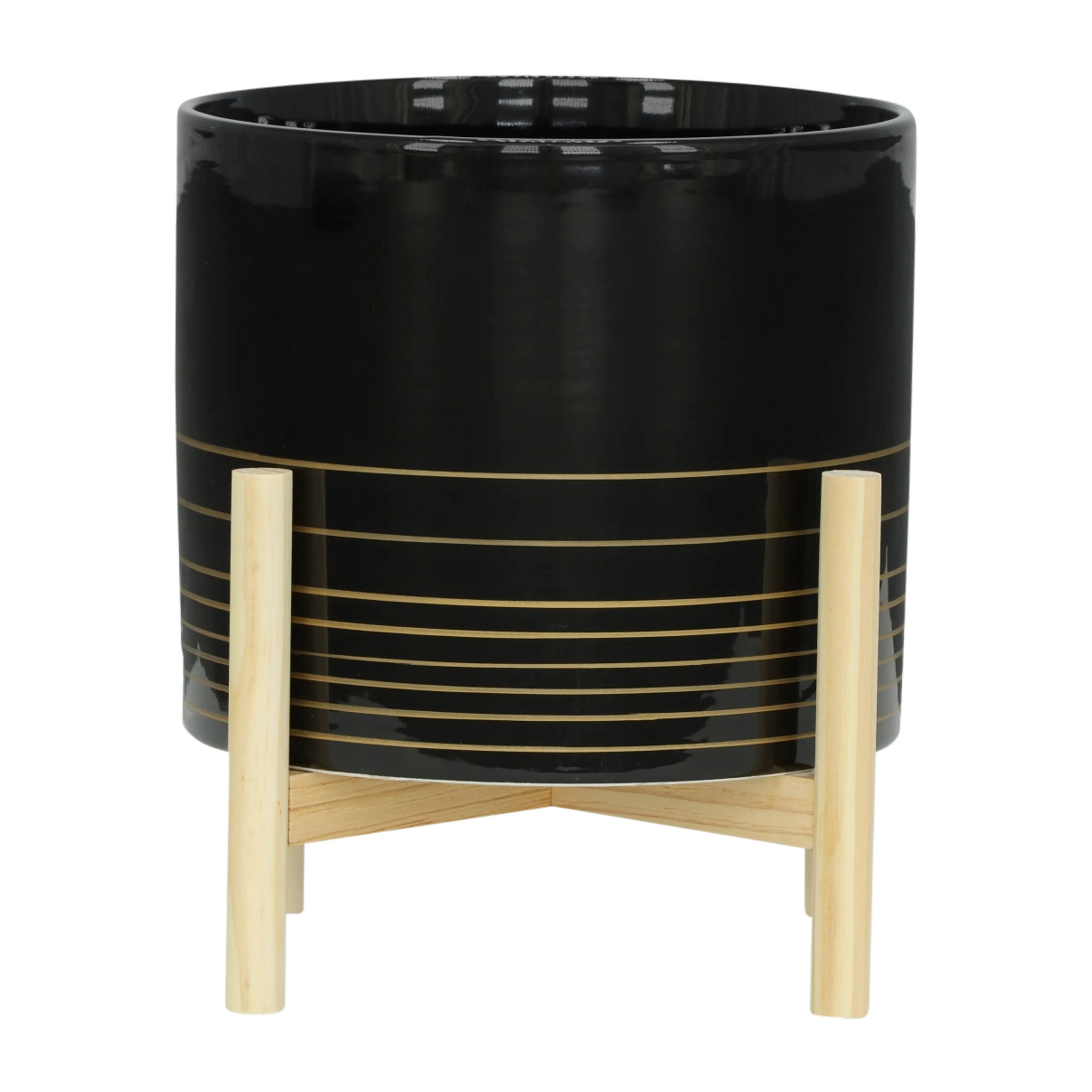 12" CERAMIC METALLIC PLANTER W/ WOOD STAND, BLACK