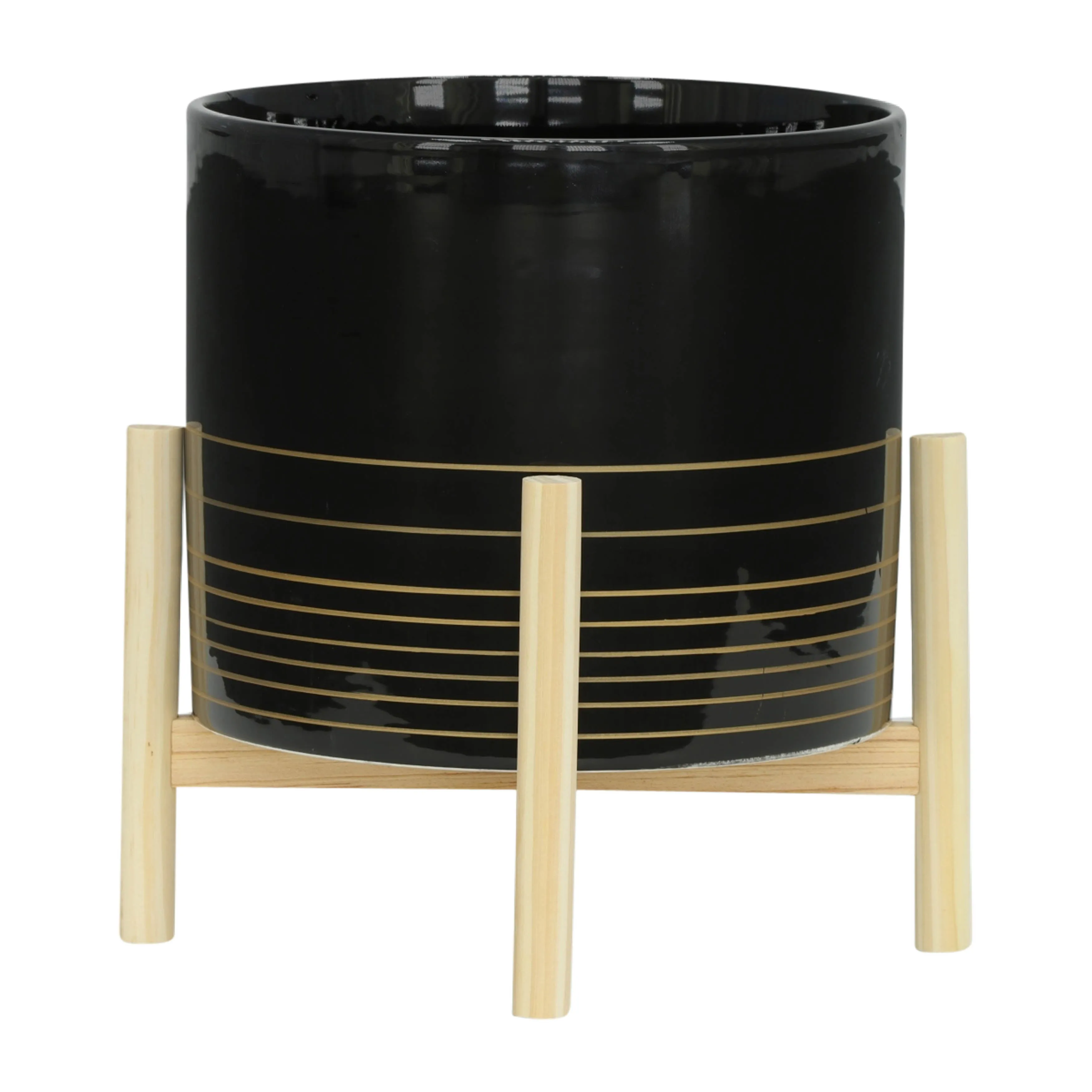 12" CERAMIC METALLIC PLANTER W/ WOOD STAND, BLACK