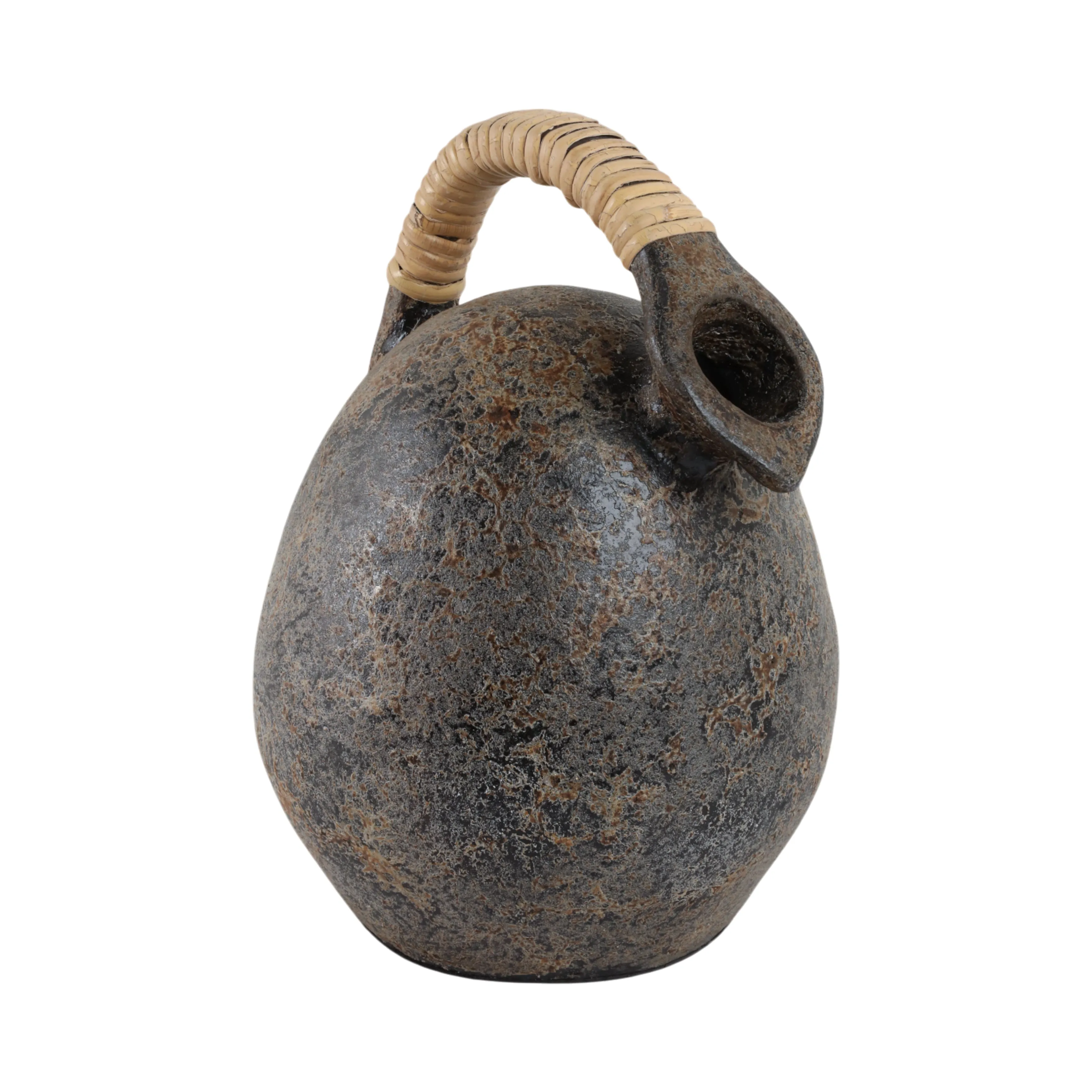 12" Terracotta Jug Vase W/rattan Handle, Gray