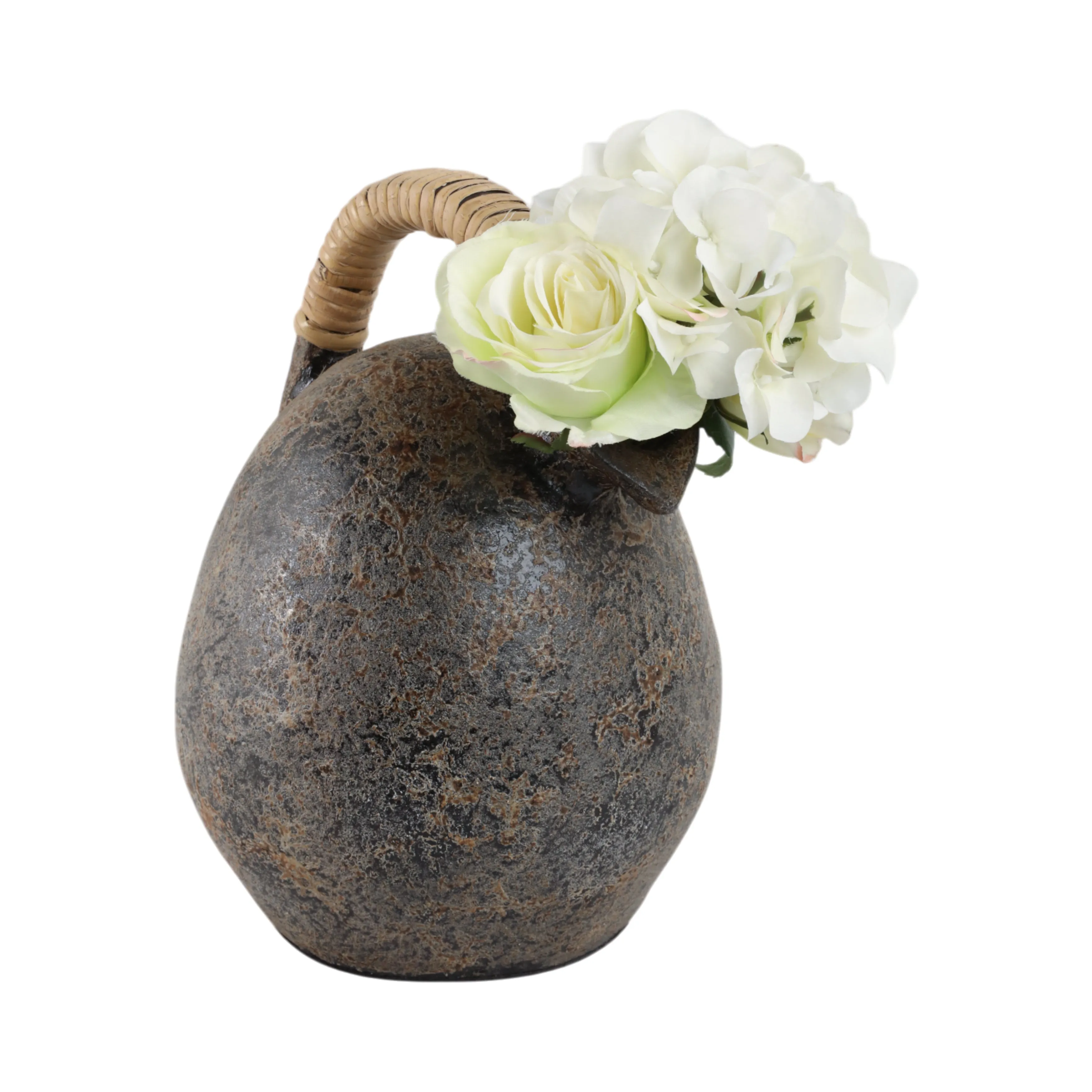12" Terracotta Jug Vase W/rattan Handle, Gray
