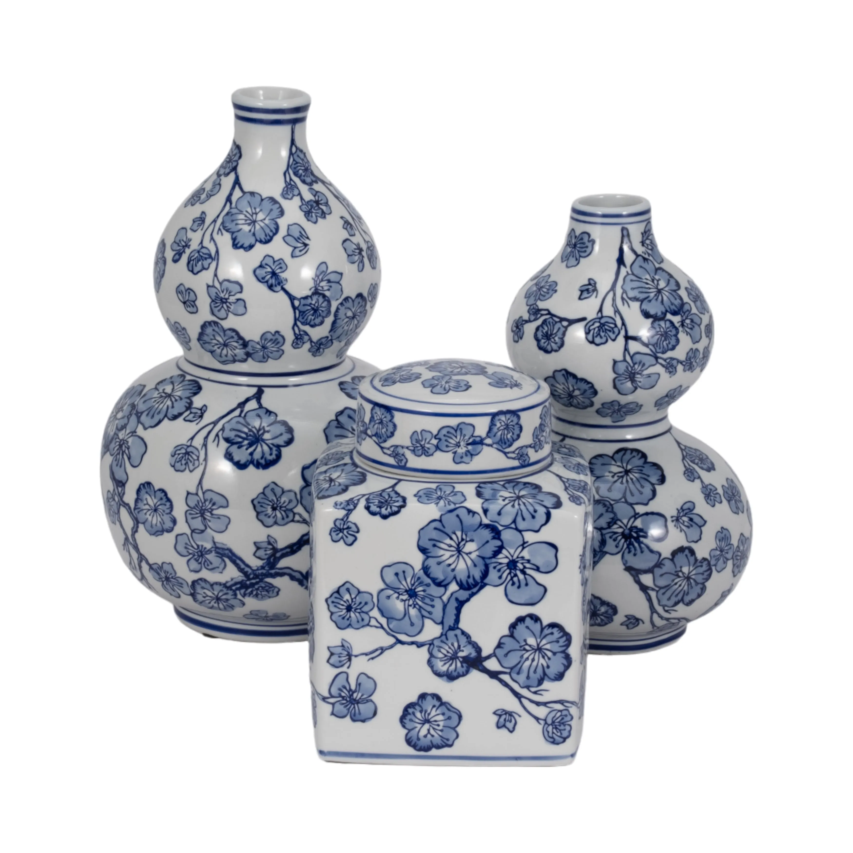 13" CHERRY BLOSSOM CHINOISERIE GOURD VASE, BLUE/WH
