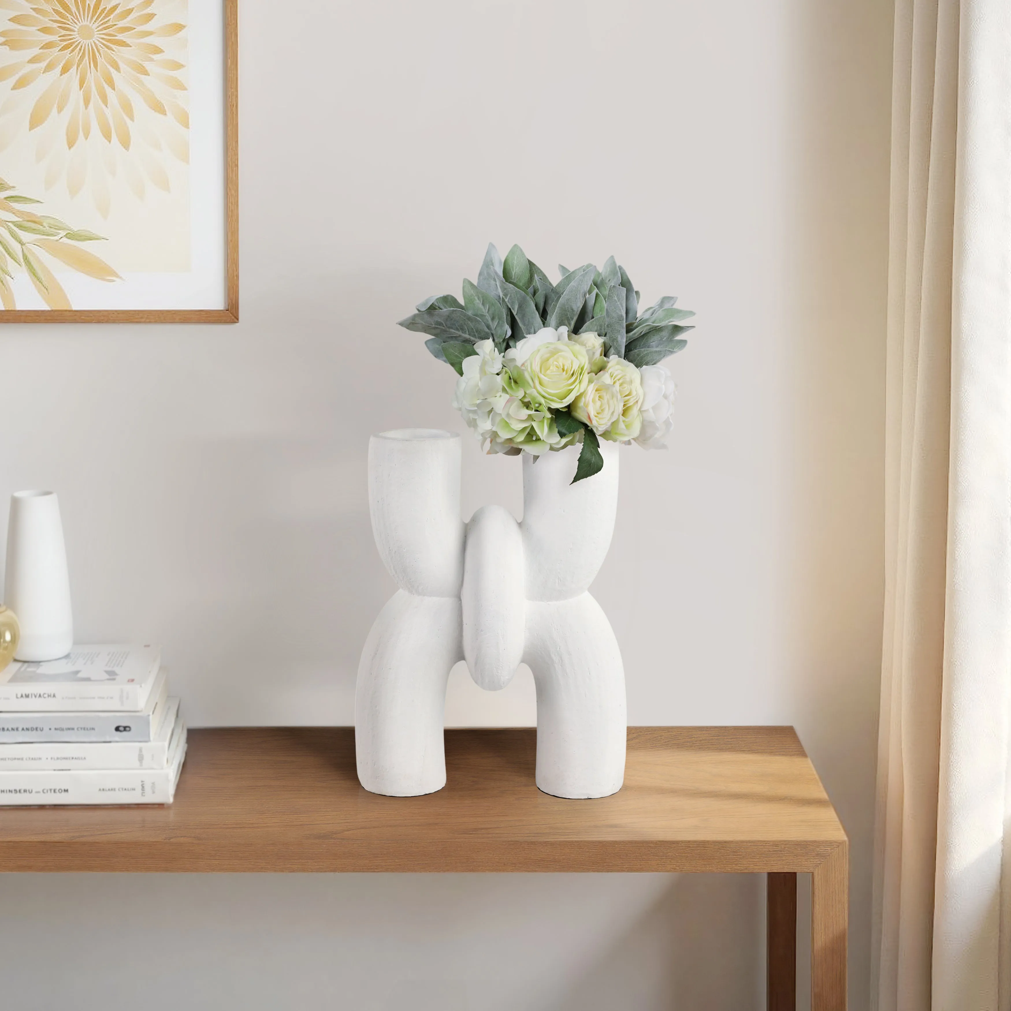 15" MODERN X SHAPE TERRACOTTA VASE, WHITE