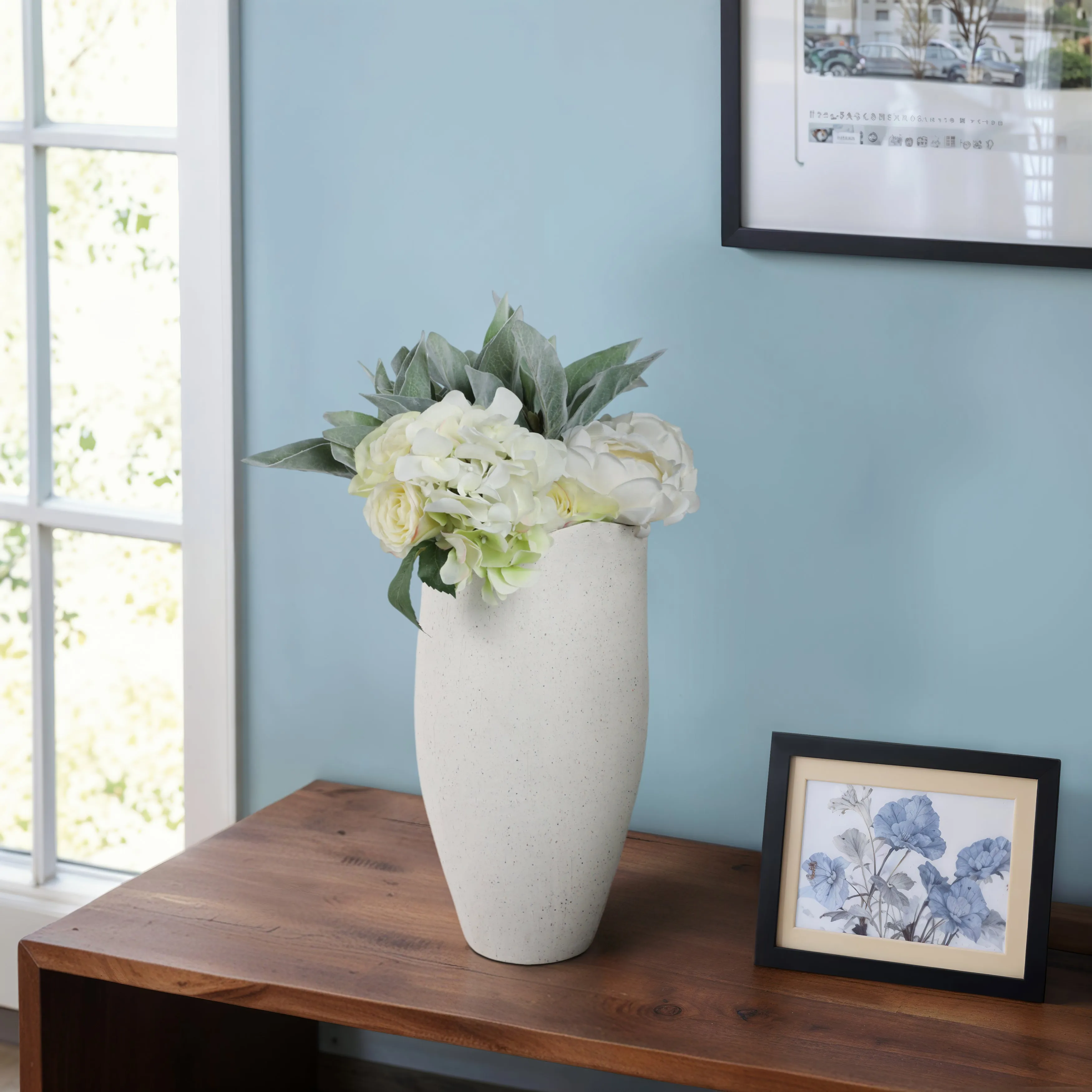 15x8" Textured Organic Vase Reactive Inside, White