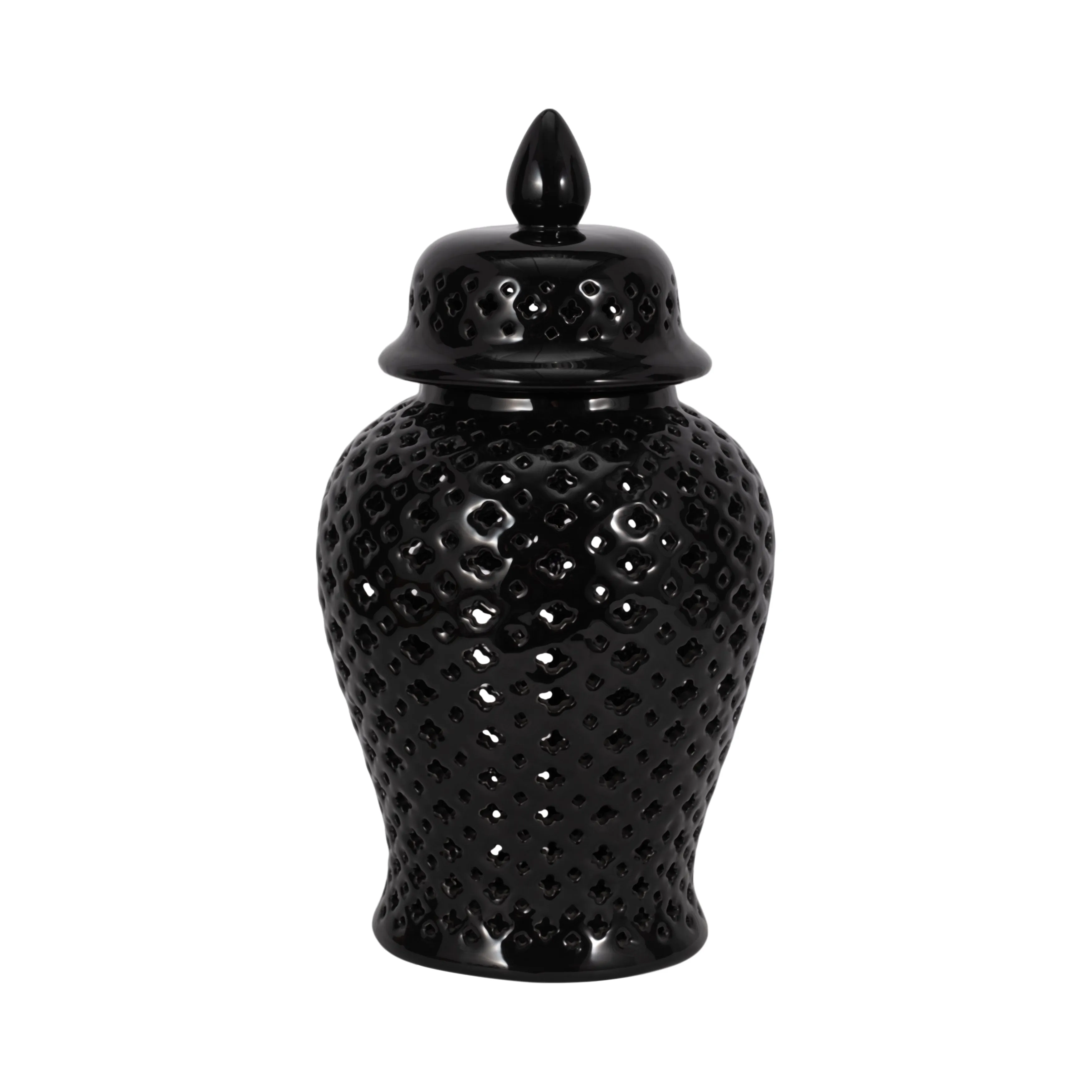 17" CUT-OUT CLOVER TEMPLE JAR, BLACK