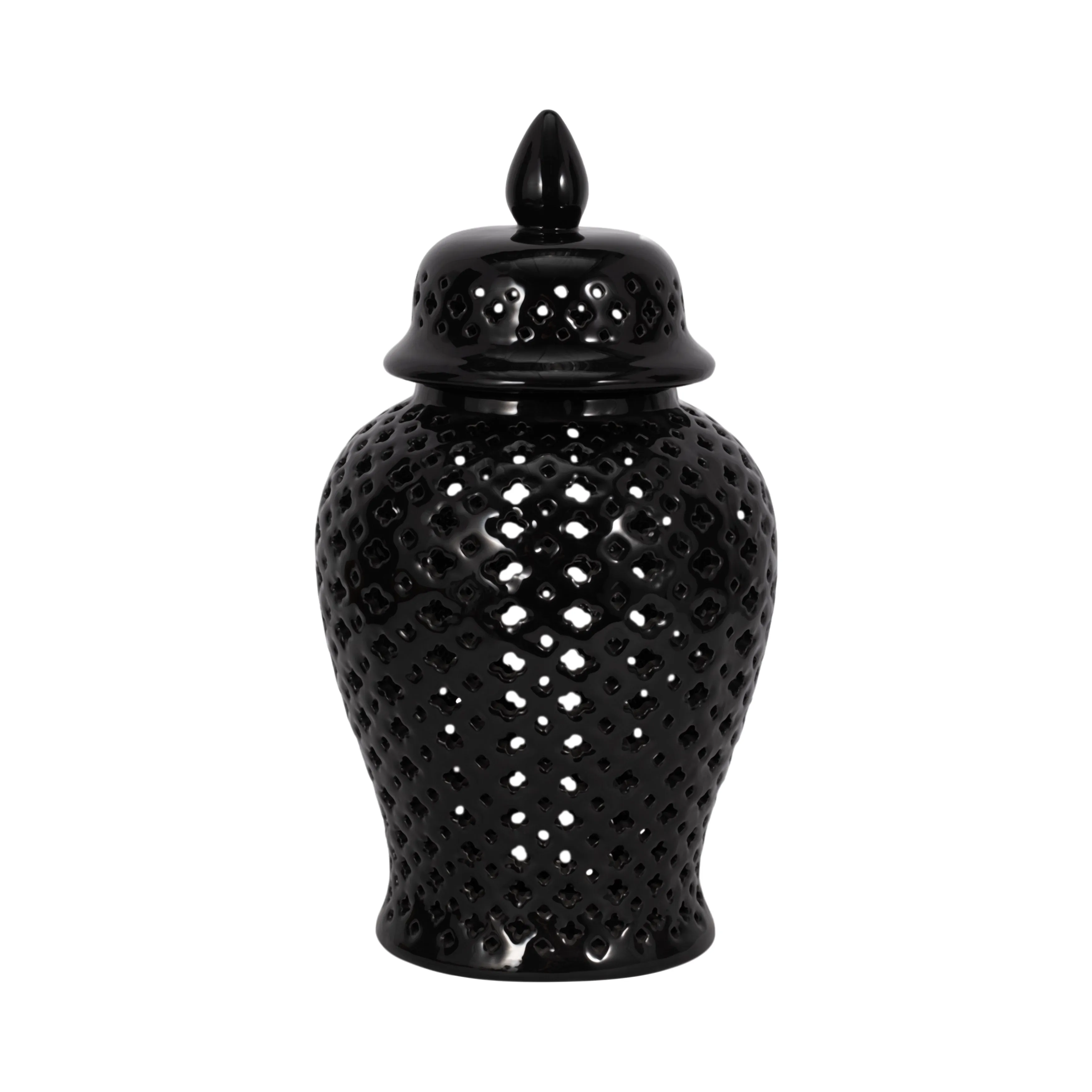 17" CUT-OUT CLOVER TEMPLE JAR, BLACK