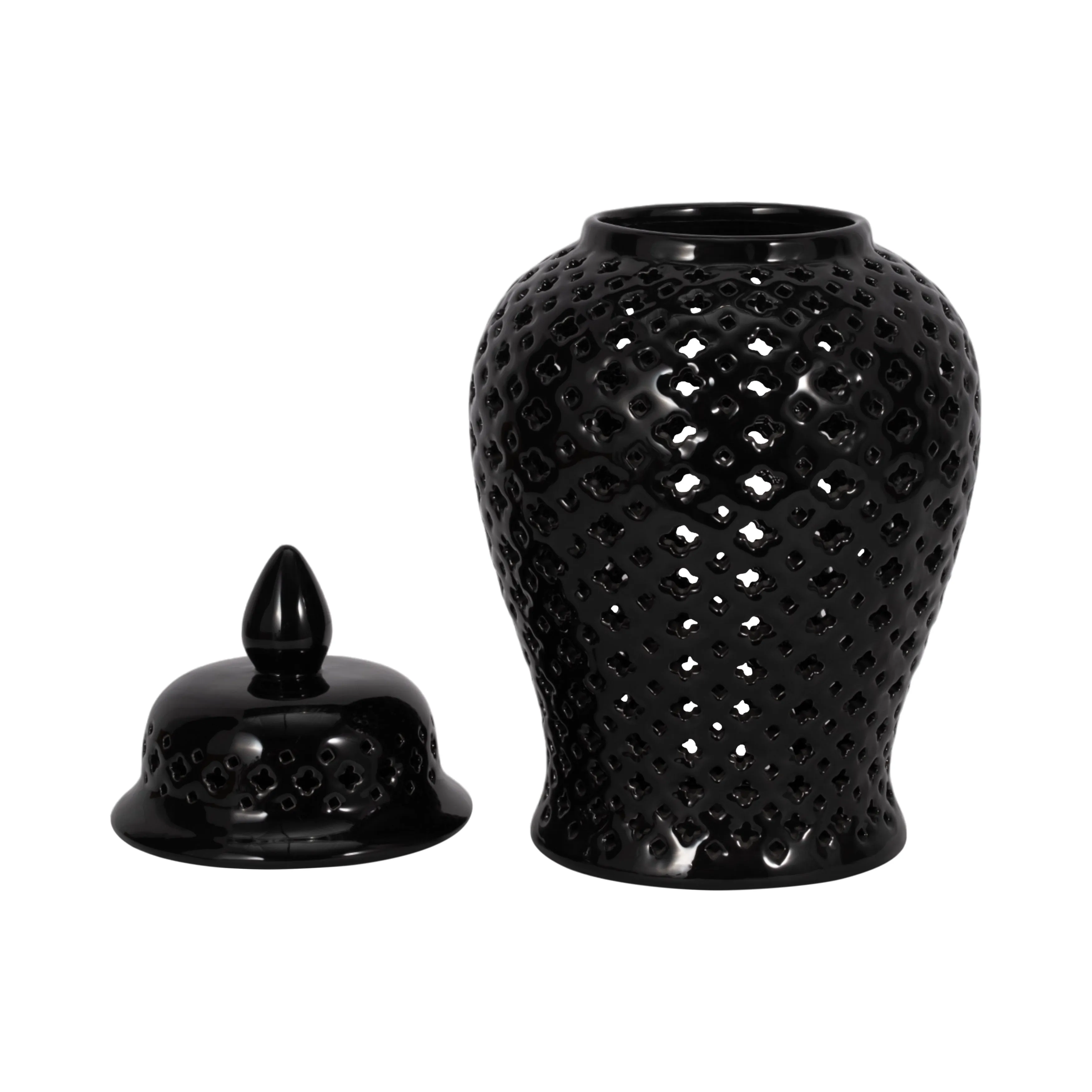 17" CUT-OUT CLOVER TEMPLE JAR, BLACK