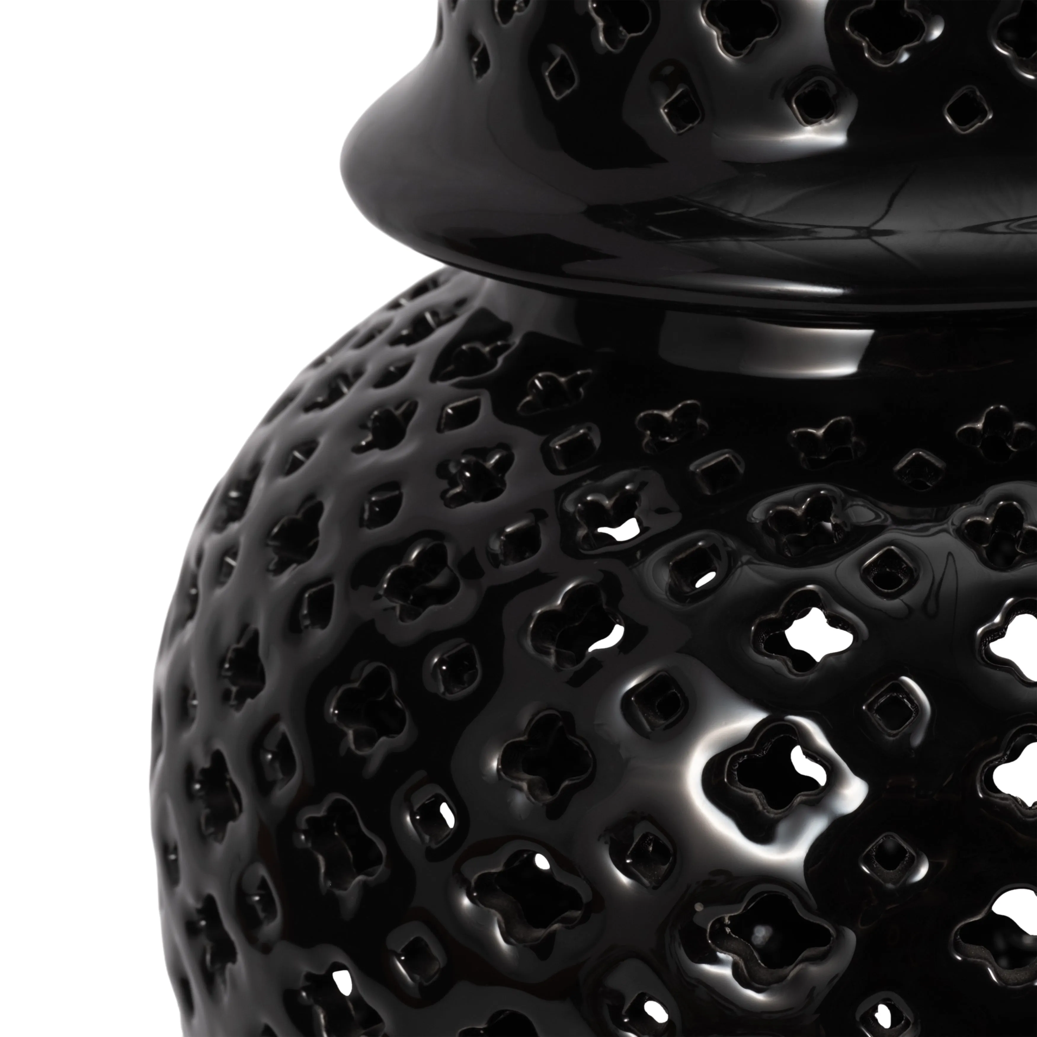 17" CUT-OUT CLOVER TEMPLE JAR, BLACK