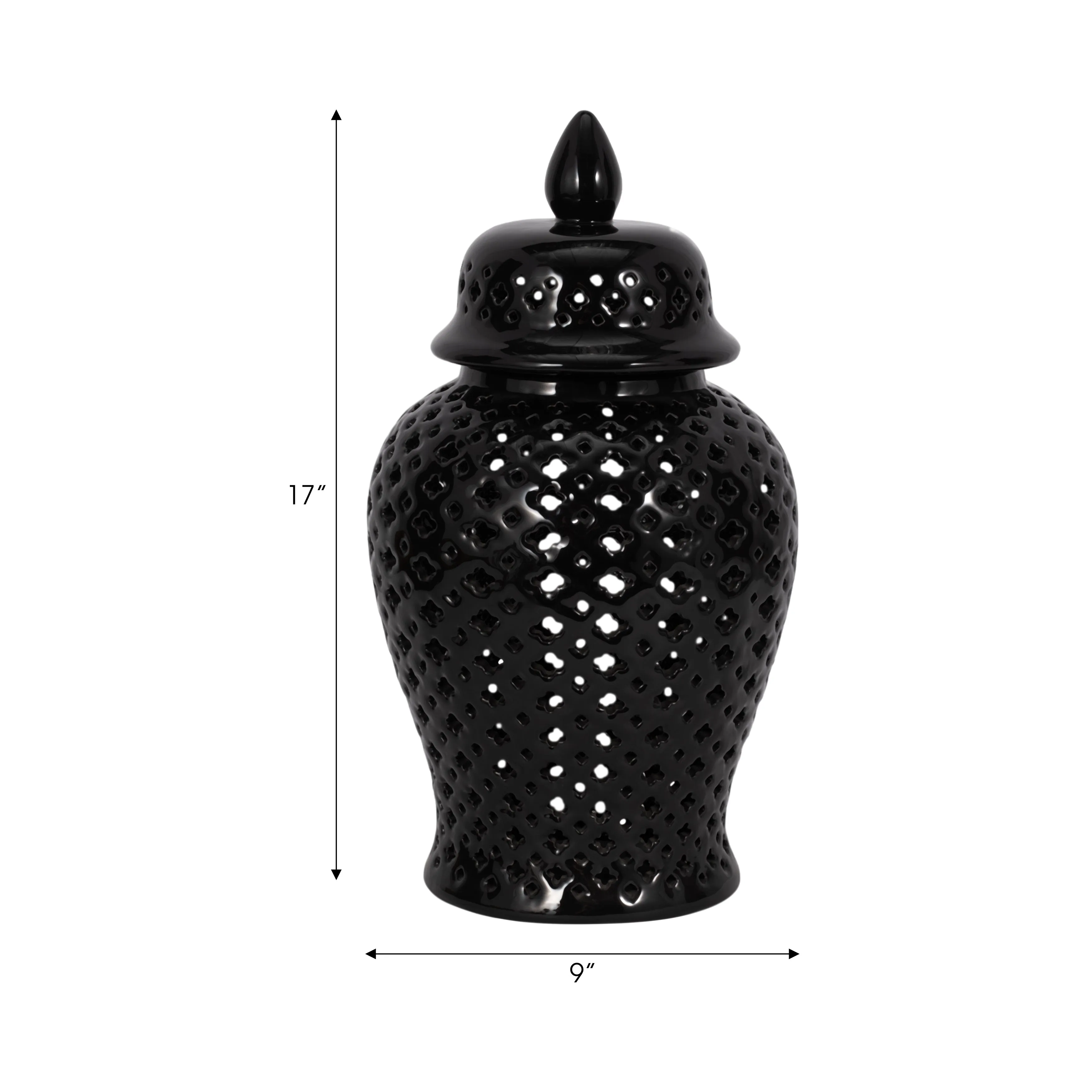 17" CUT-OUT CLOVER TEMPLE JAR, BLACK