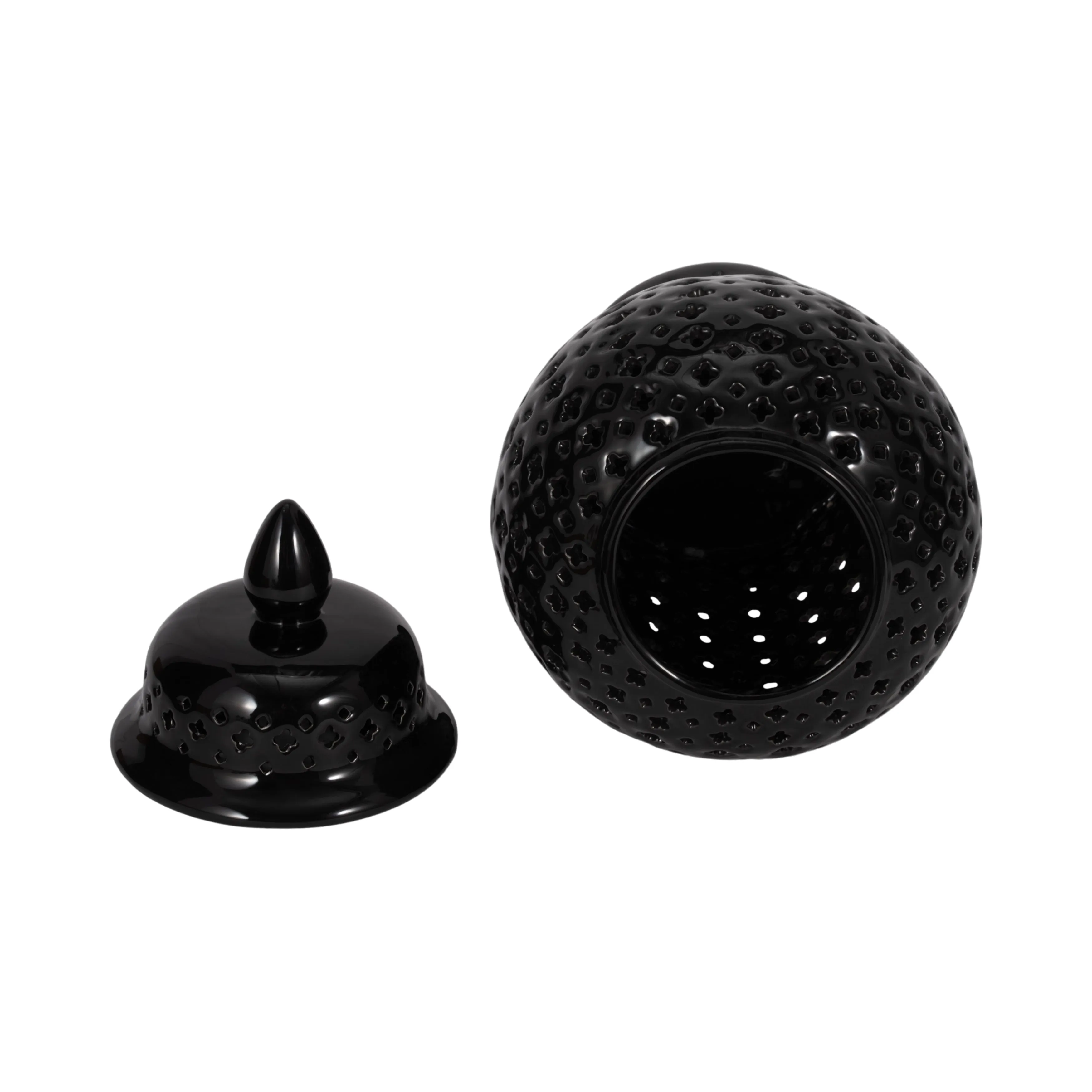 17" CUT-OUT CLOVER TEMPLE JAR, BLACK