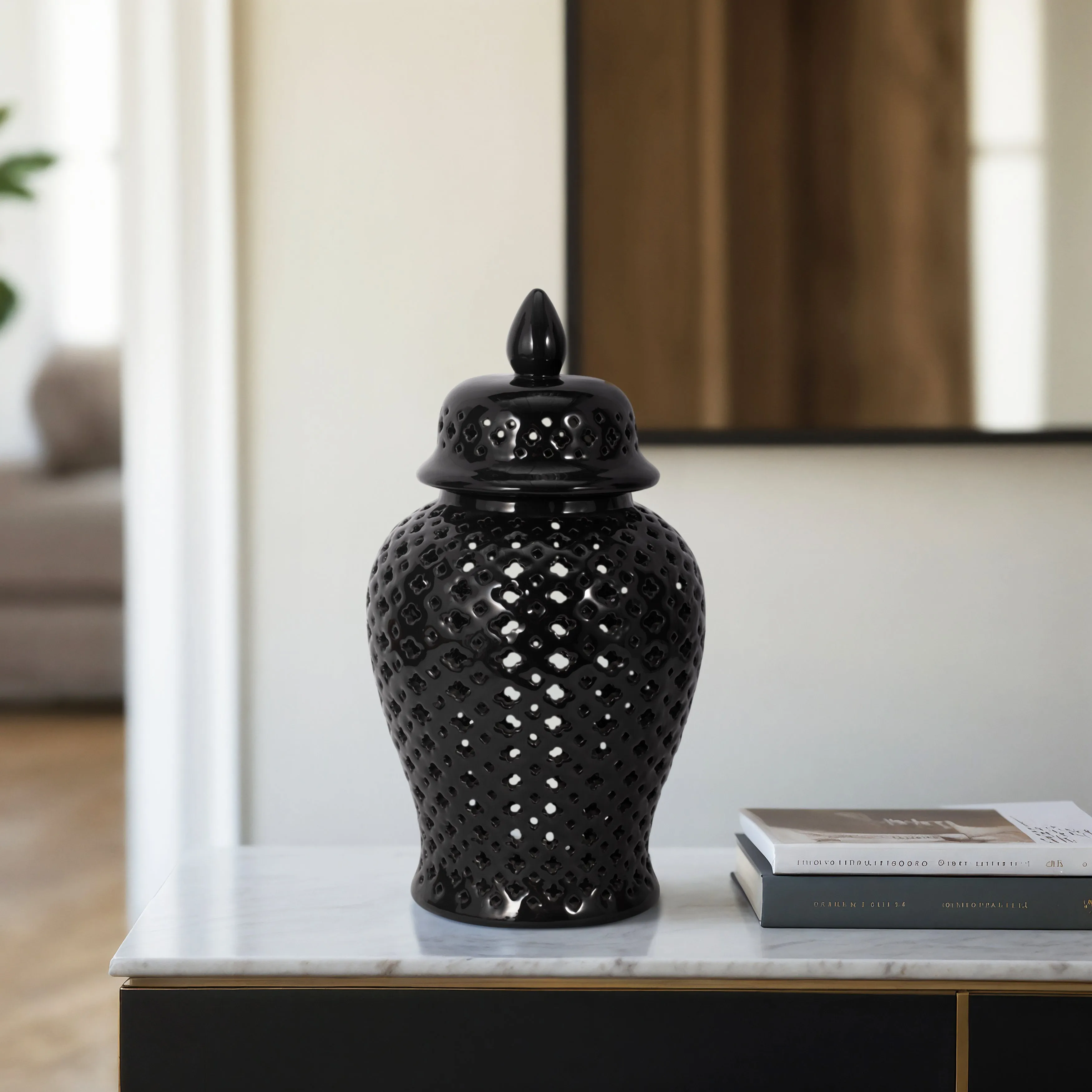 17" CUT-OUT CLOVER TEMPLE JAR, BLACK