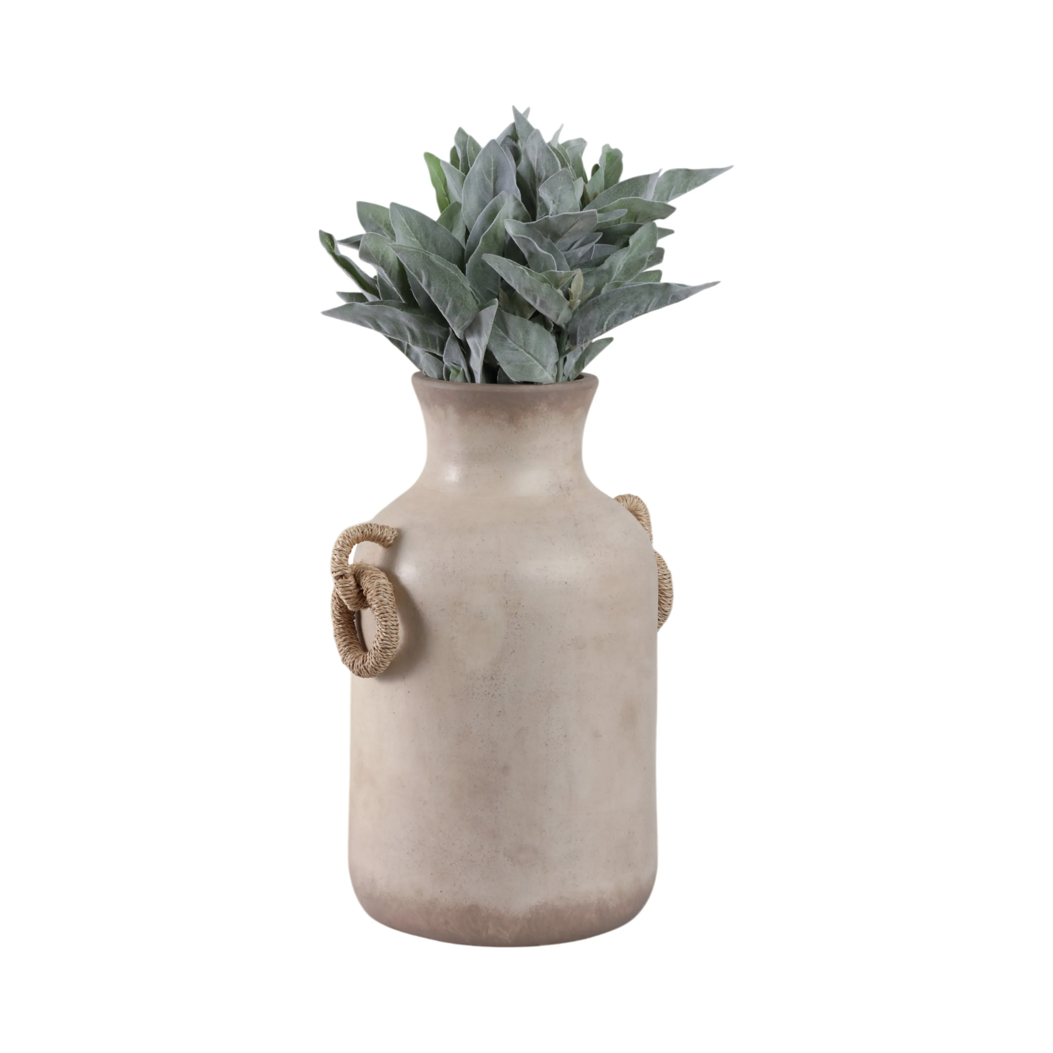 18" Vase With Rattan Handles, Antique White
