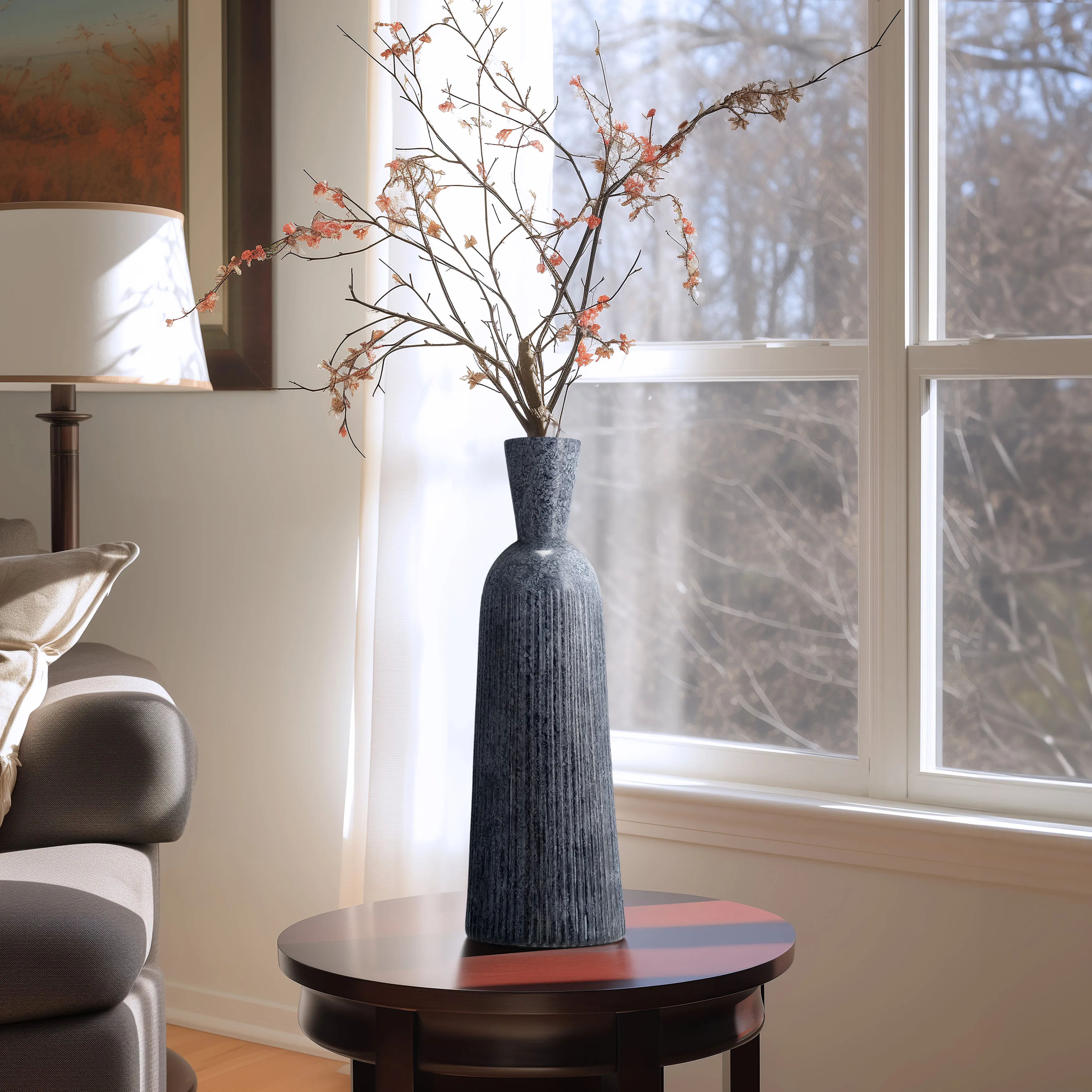 20", GROOVED GLASS VASE, BLUE