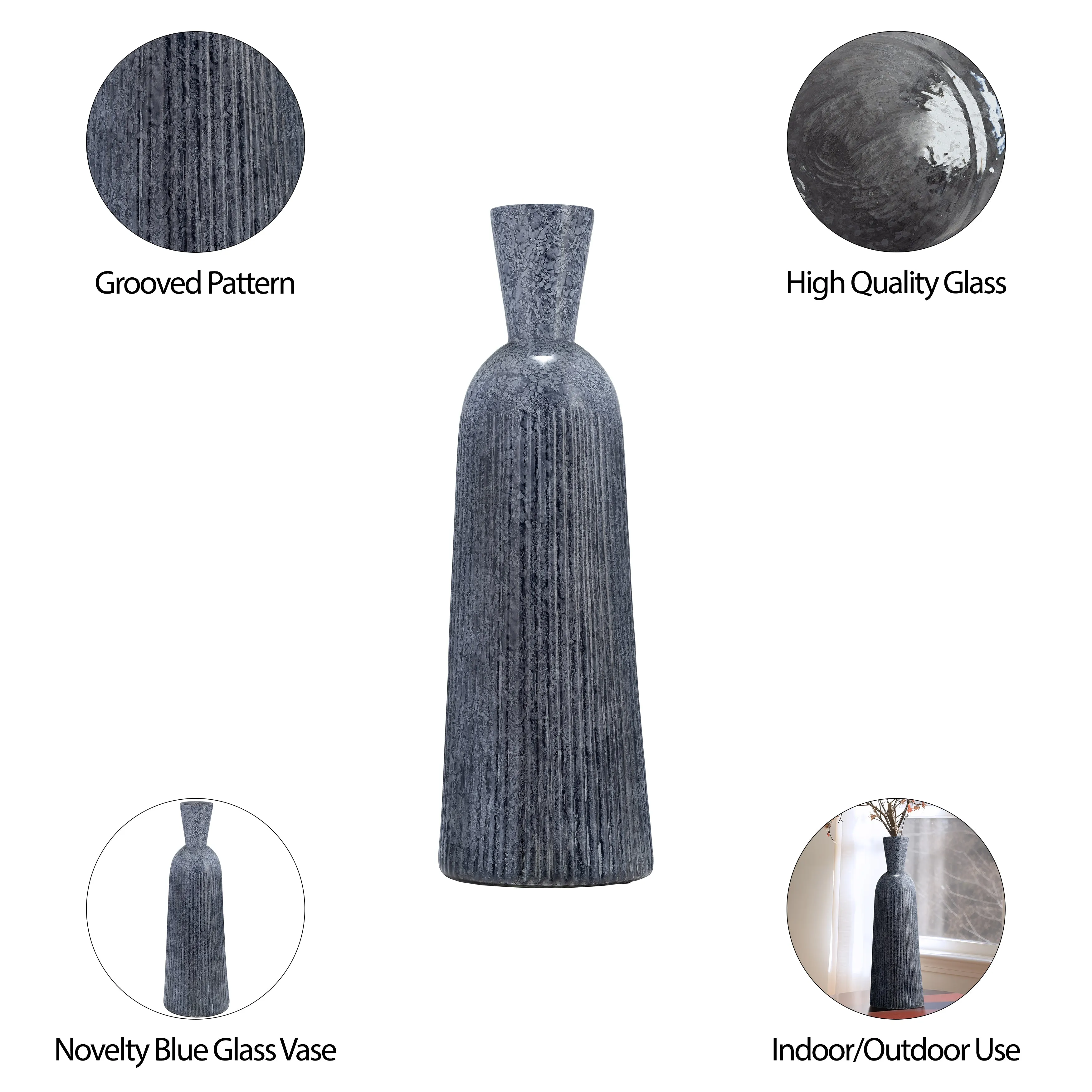 20", GROOVED GLASS VASE, BLUE