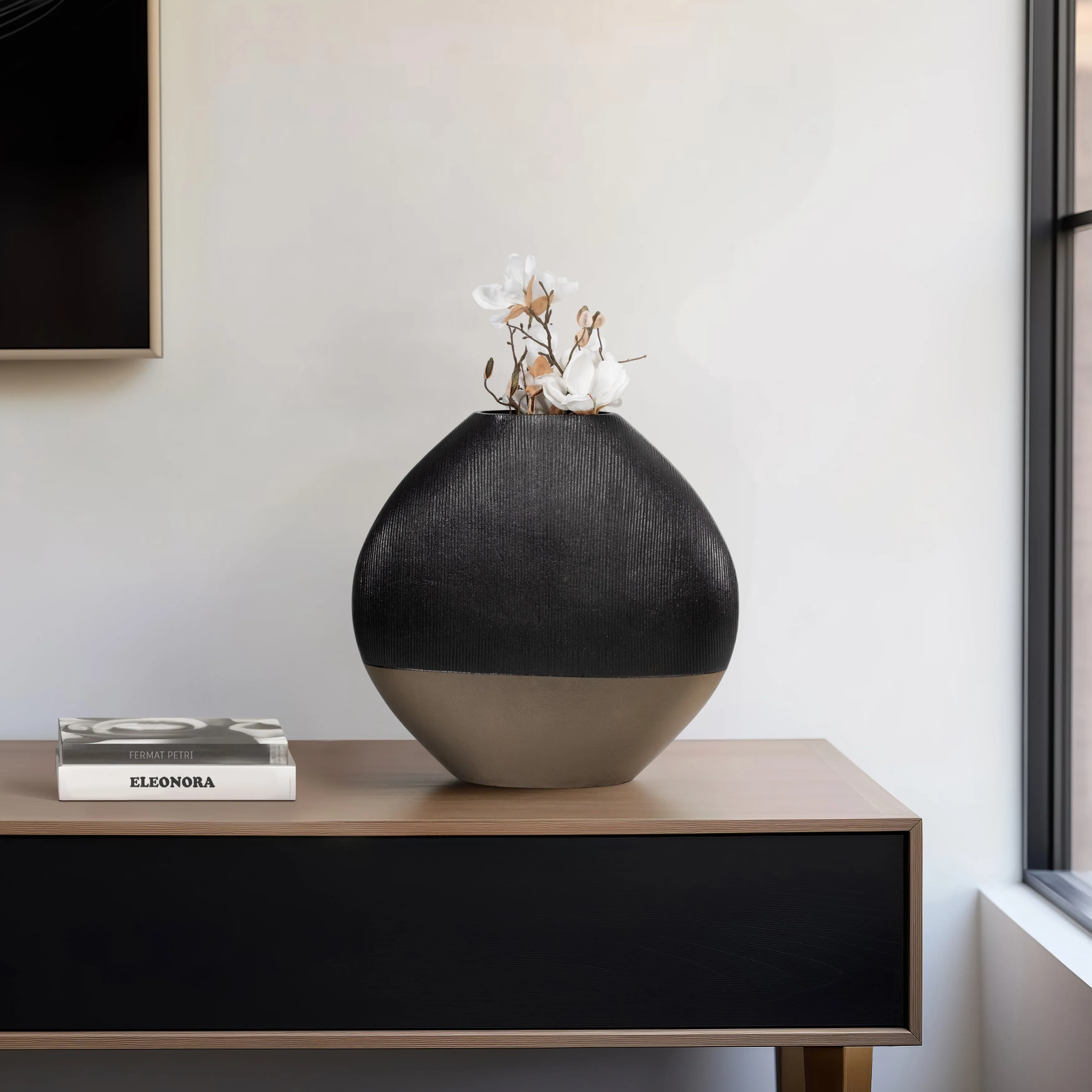 22" Color Block Round Vase, Black/brass Antique