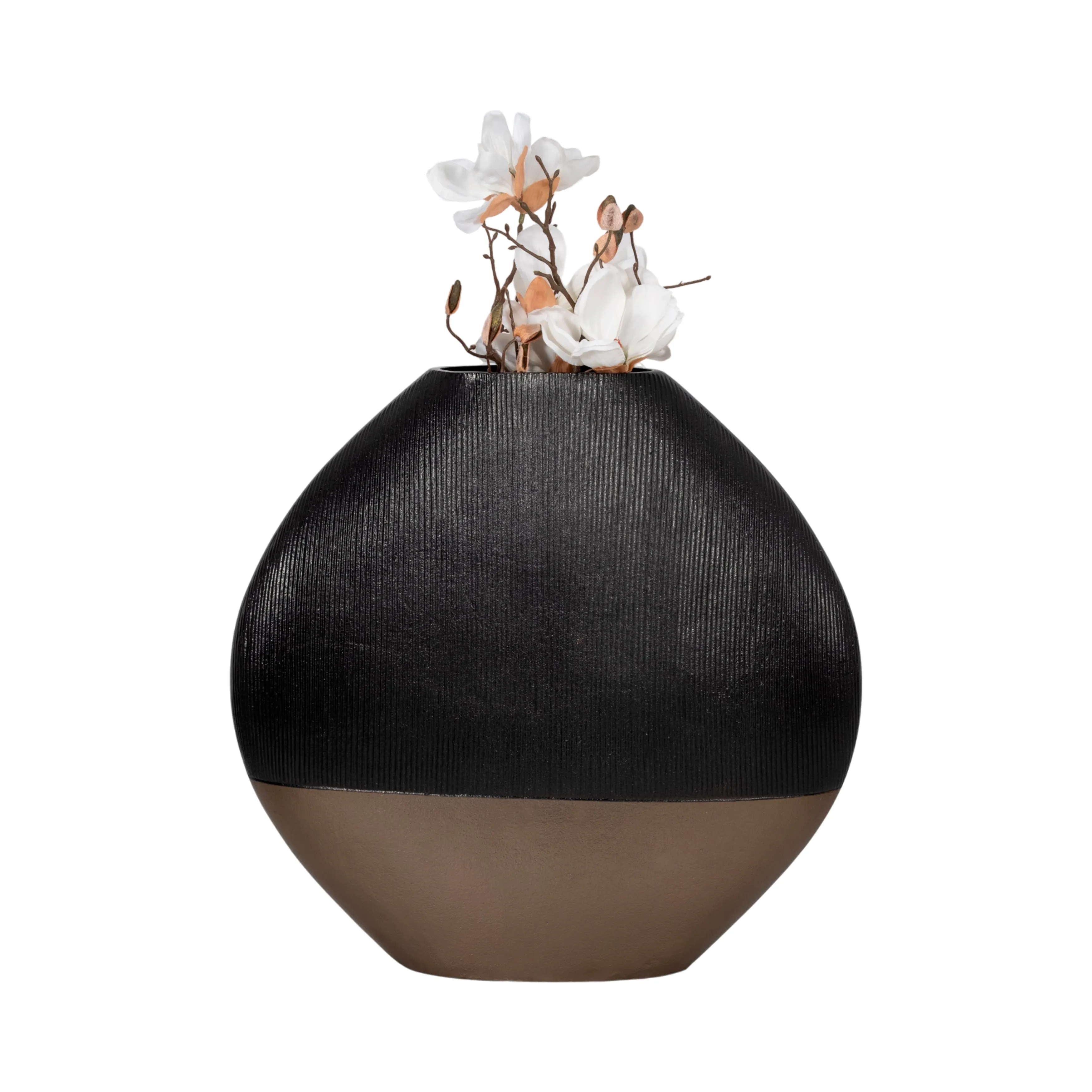22" Color Block Round Vase, Black/brass Antique