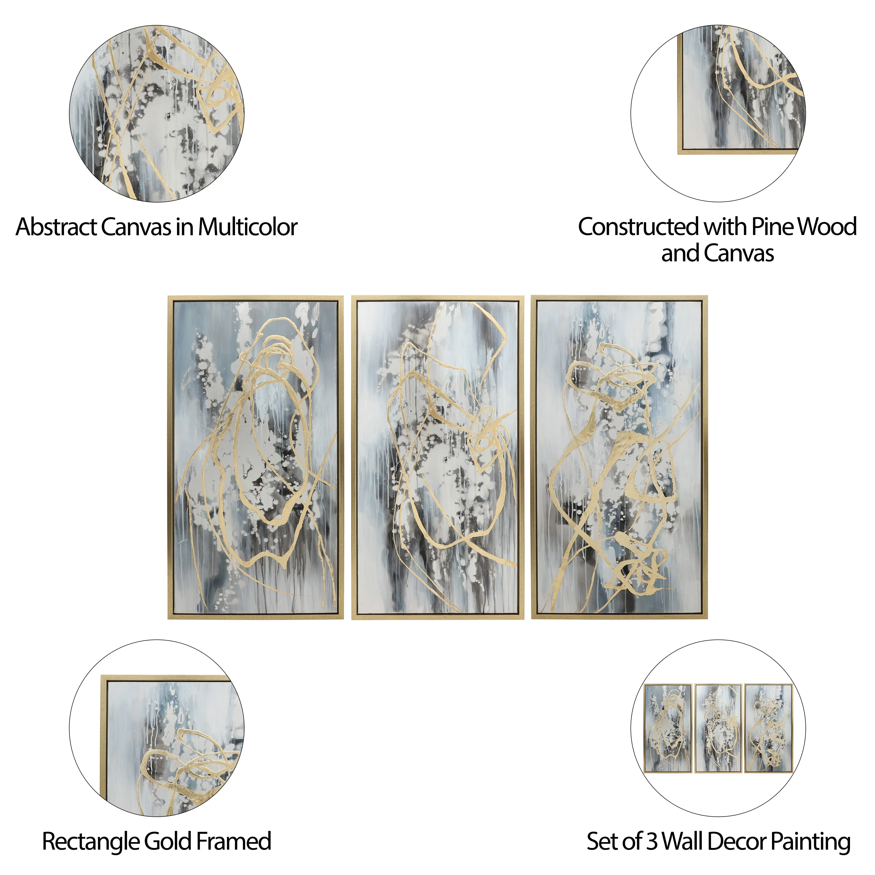 22X42 S/3 ABSTRACT CANVAS, MULTI ON GOLD FRAME
