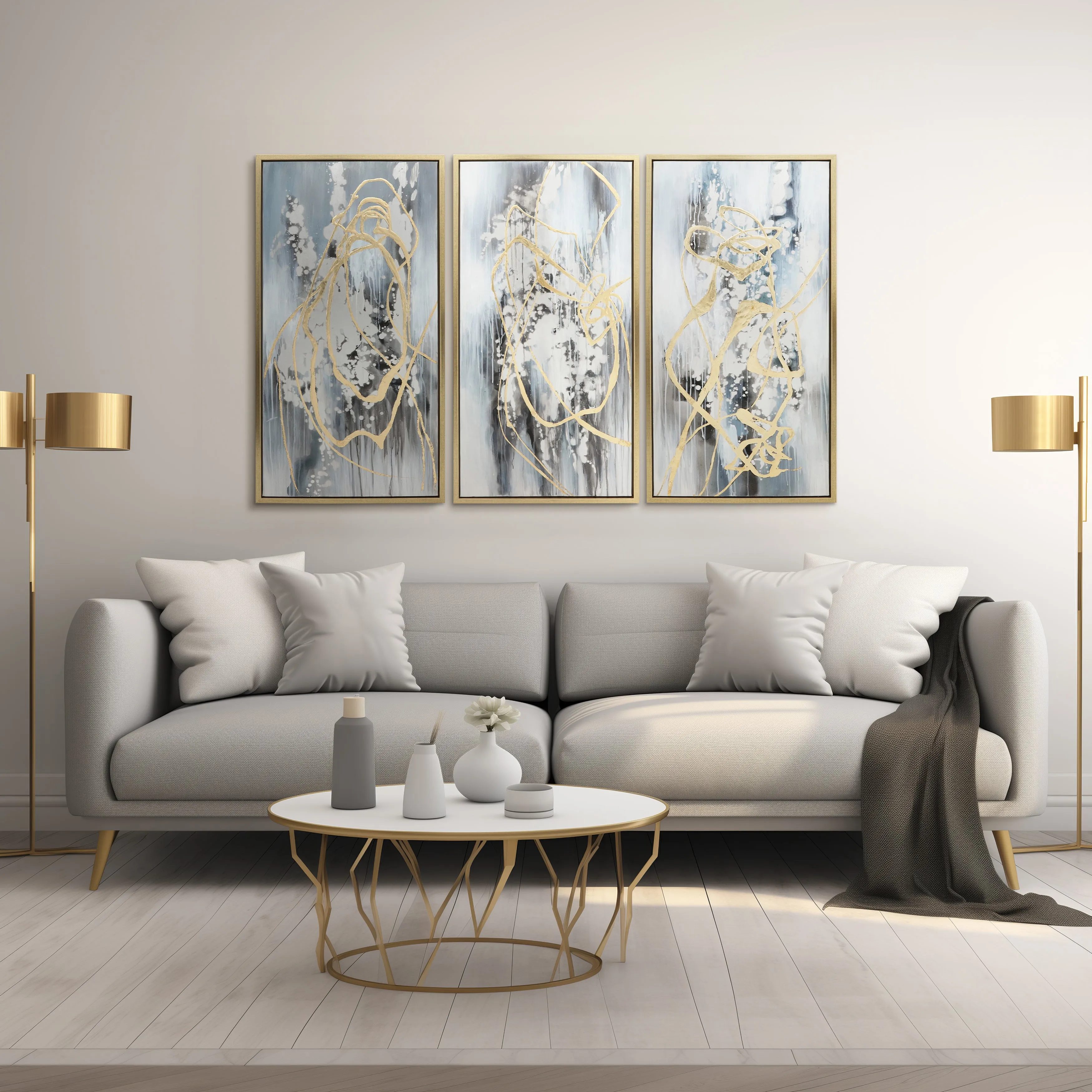 22X42 S/3 ABSTRACT CANVAS, MULTI ON GOLD FRAME