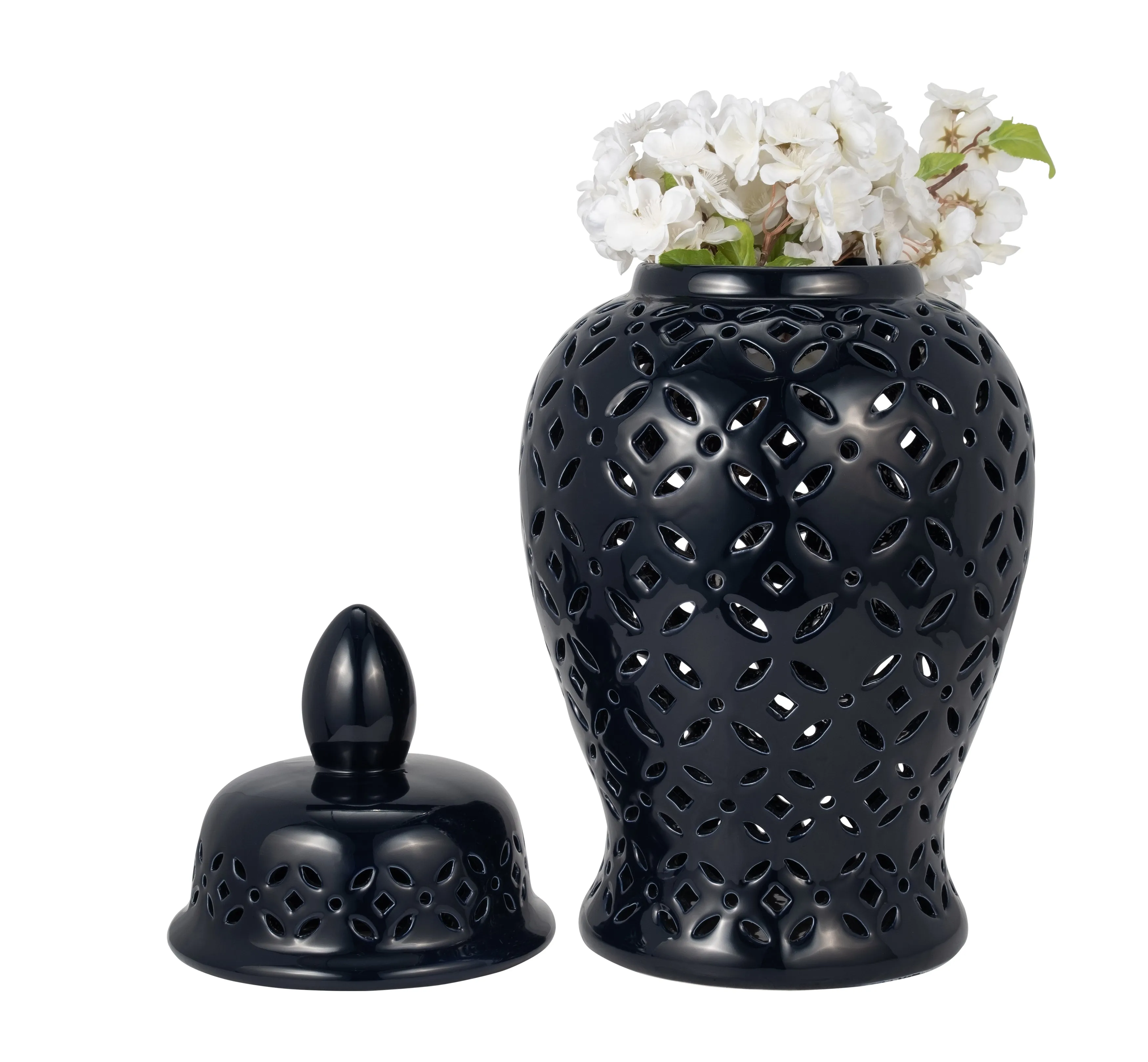24" CUT-OUT DAISIES TEMPLE JAR, NAVY BLUE