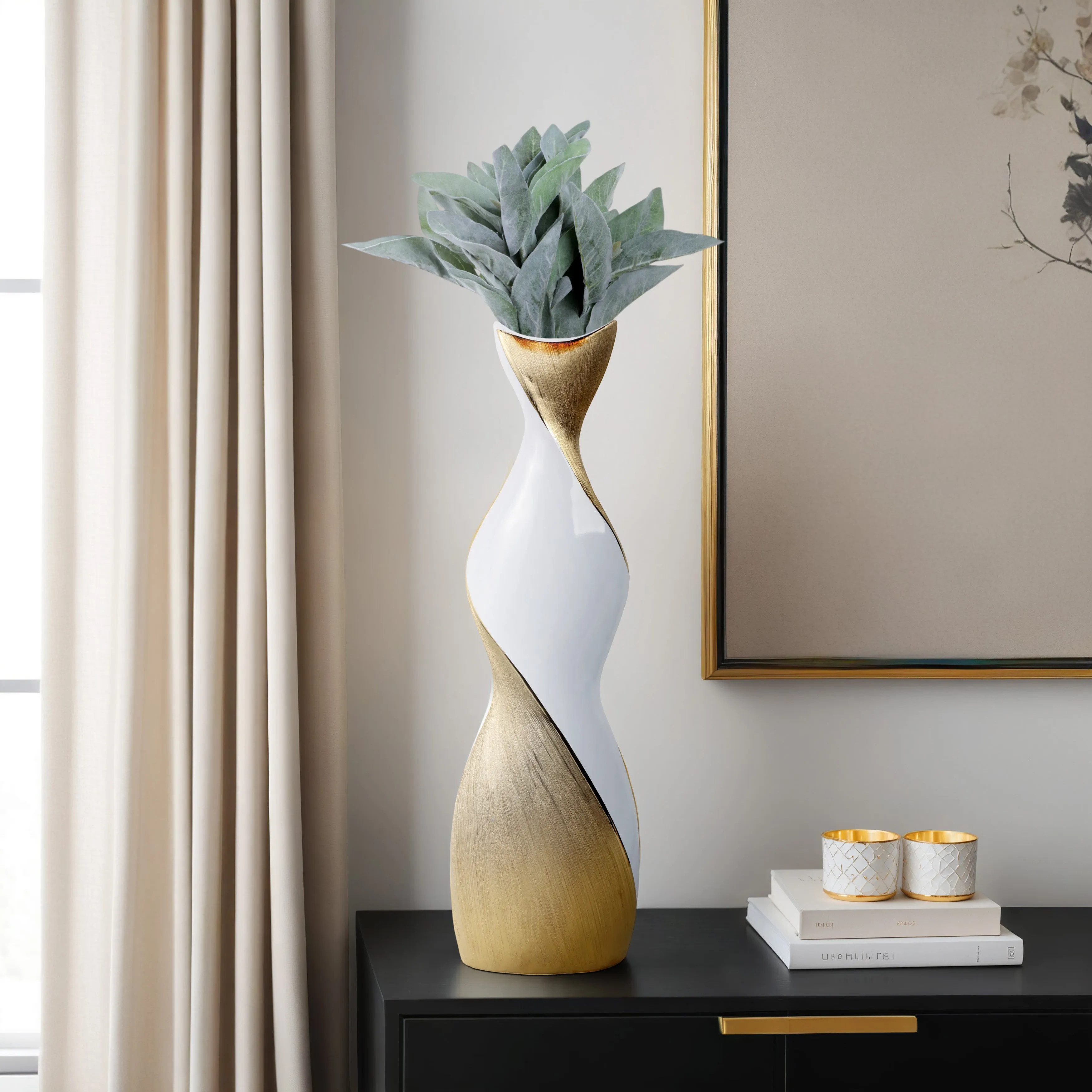 24" TWISTED VASE, WHITE/GOLD