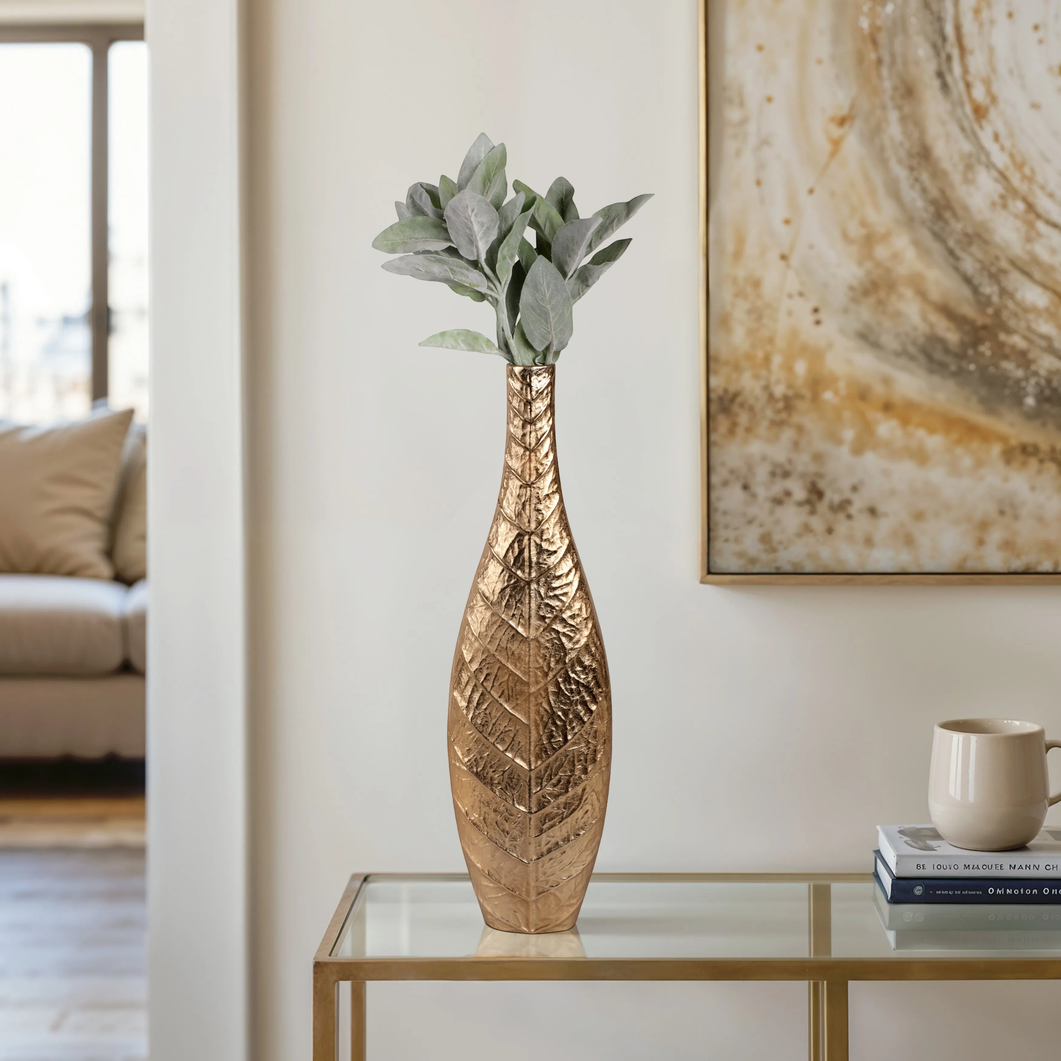28" Craighton Large Metal Leaf Vase, Gold
