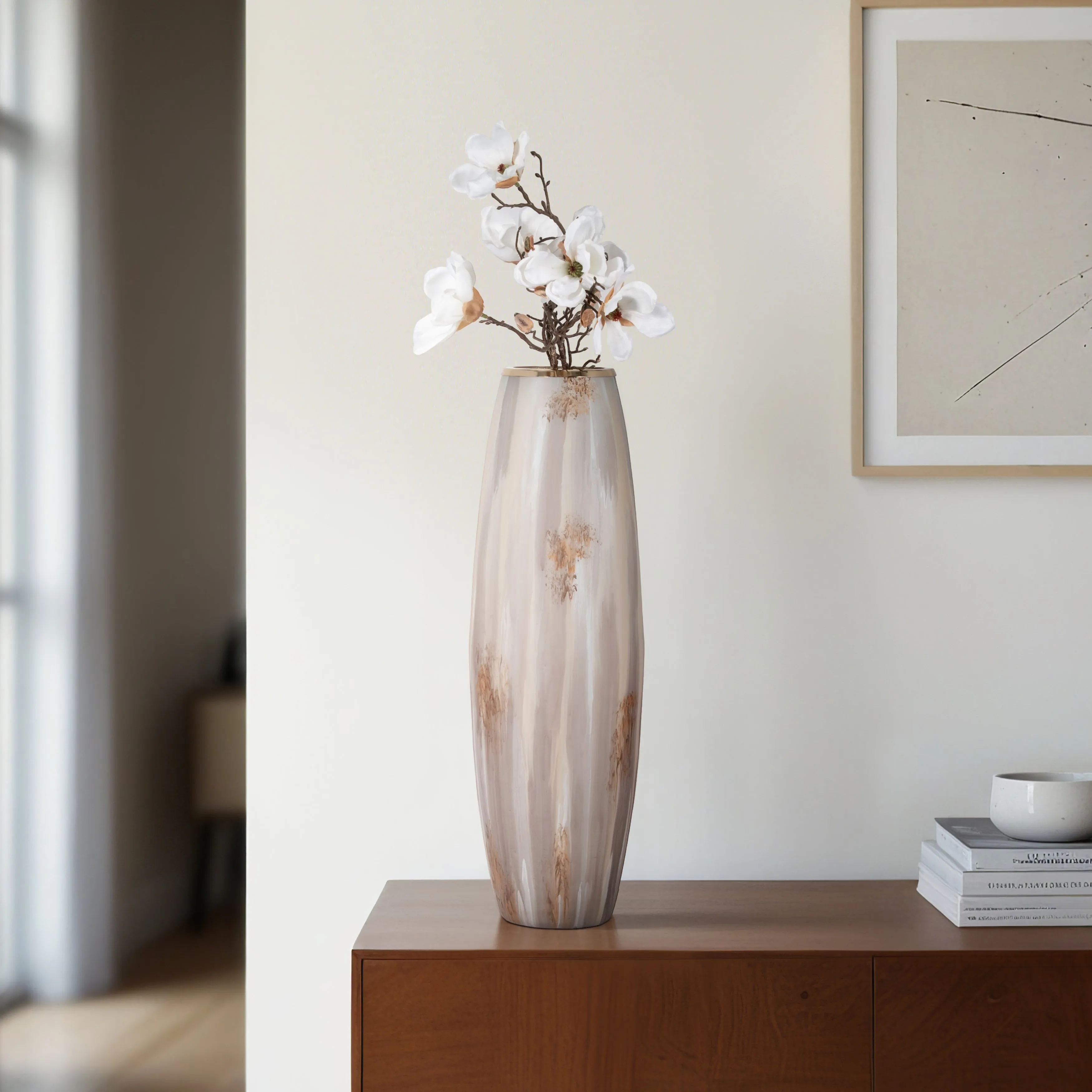 31" Curved Glass Vase Opal Finish, Ivory Multi