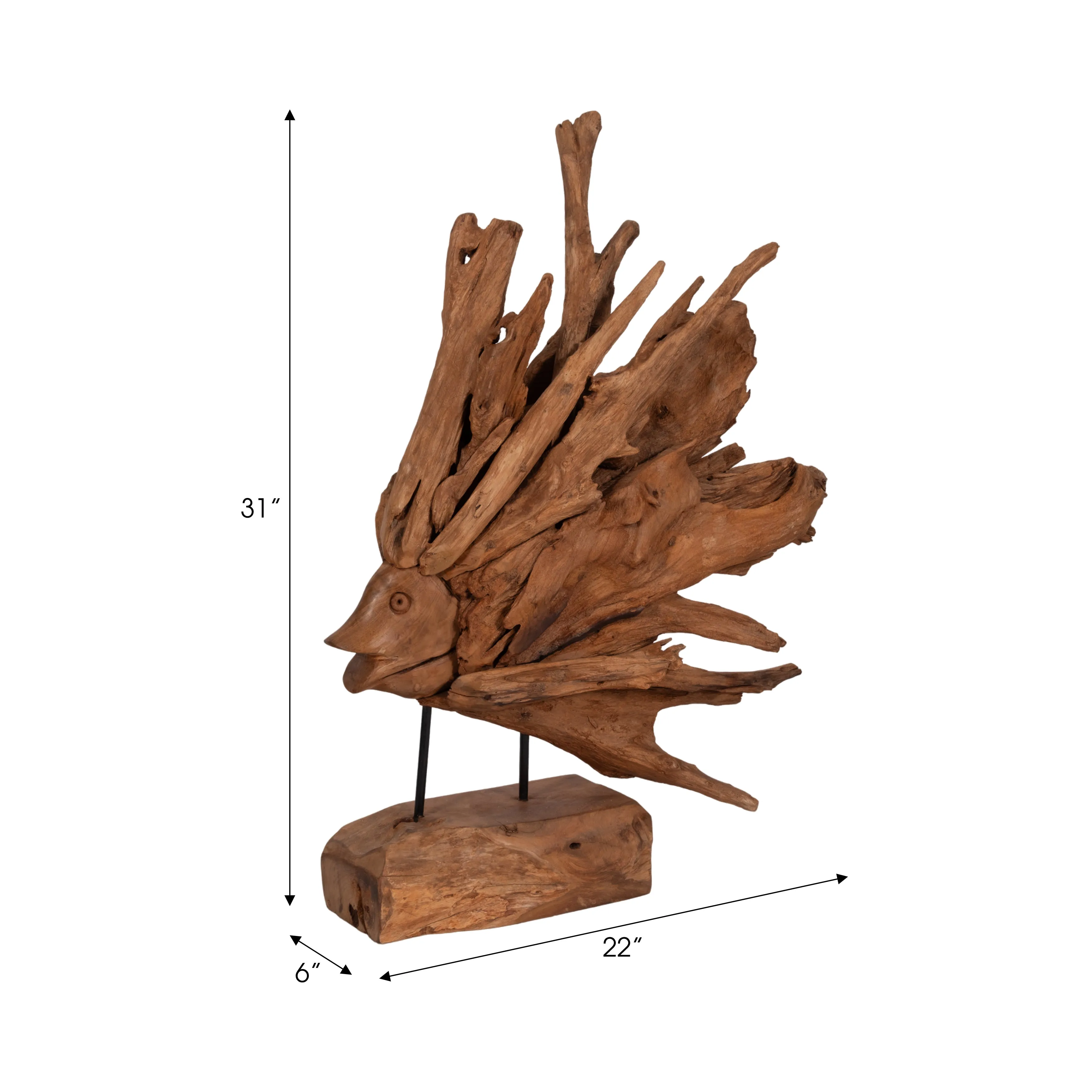 31" Teak Wood Fish On Stand, Light Natural