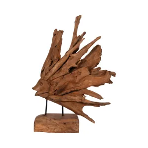 31" Teak Wood Fish On Stand, Light Natural