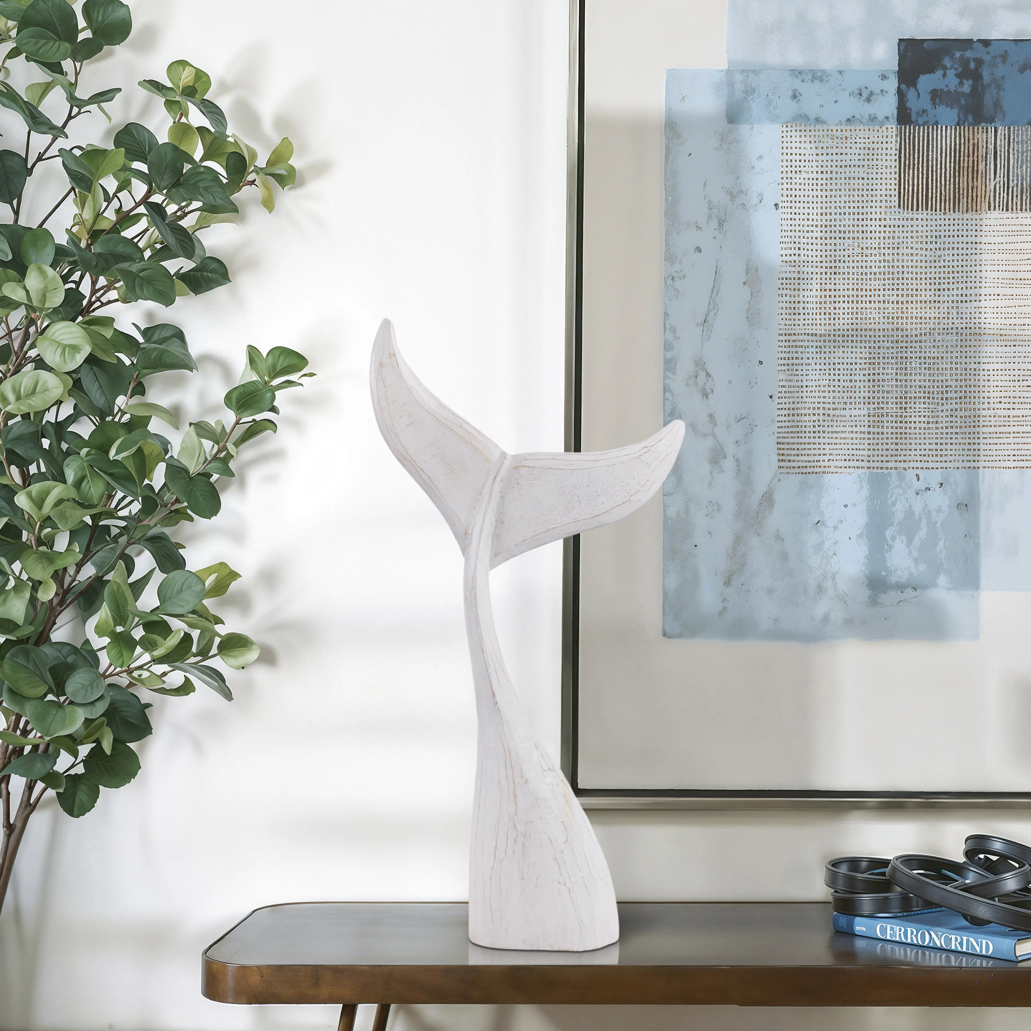32" Wood Whale Tail Decor, Wht