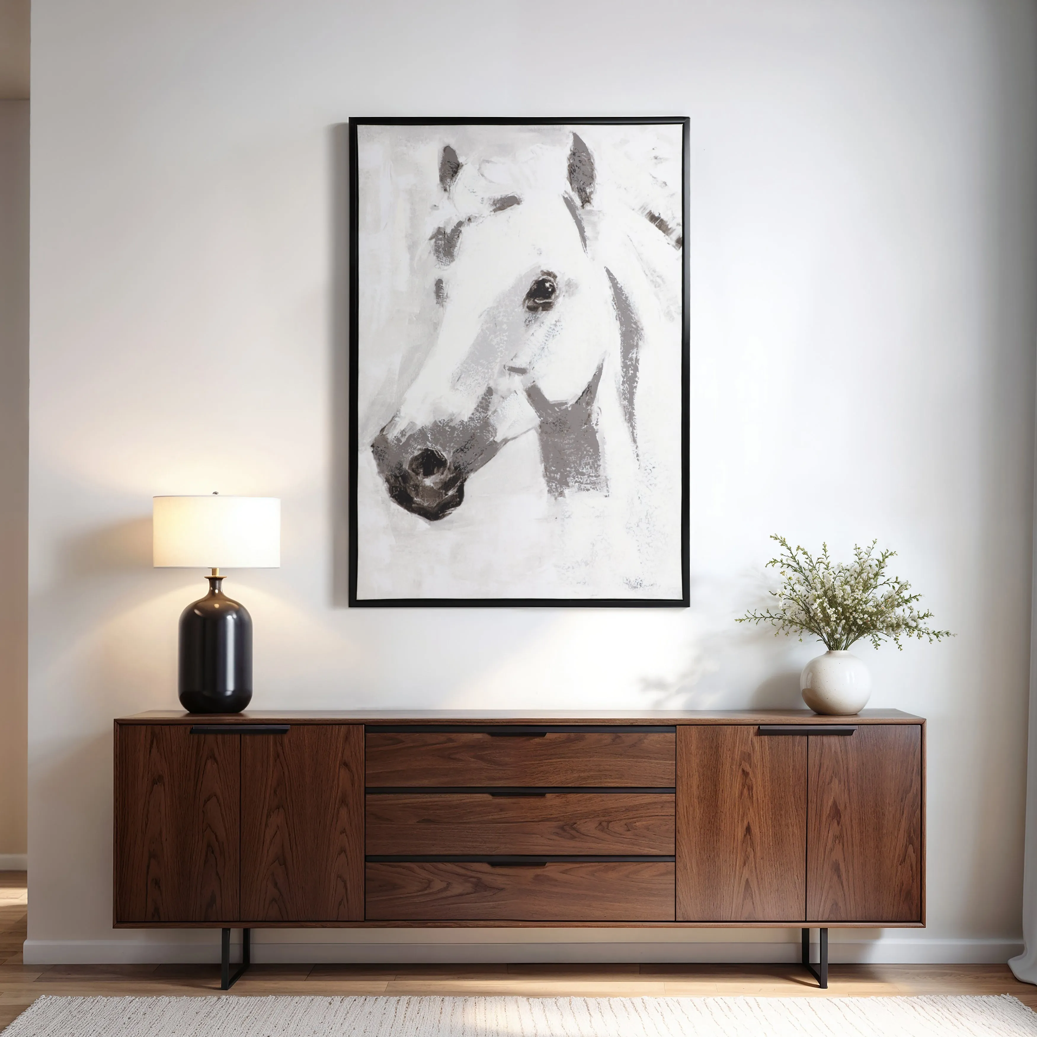 32X48 FRAMED HANDPAINTED WHITE HORSE