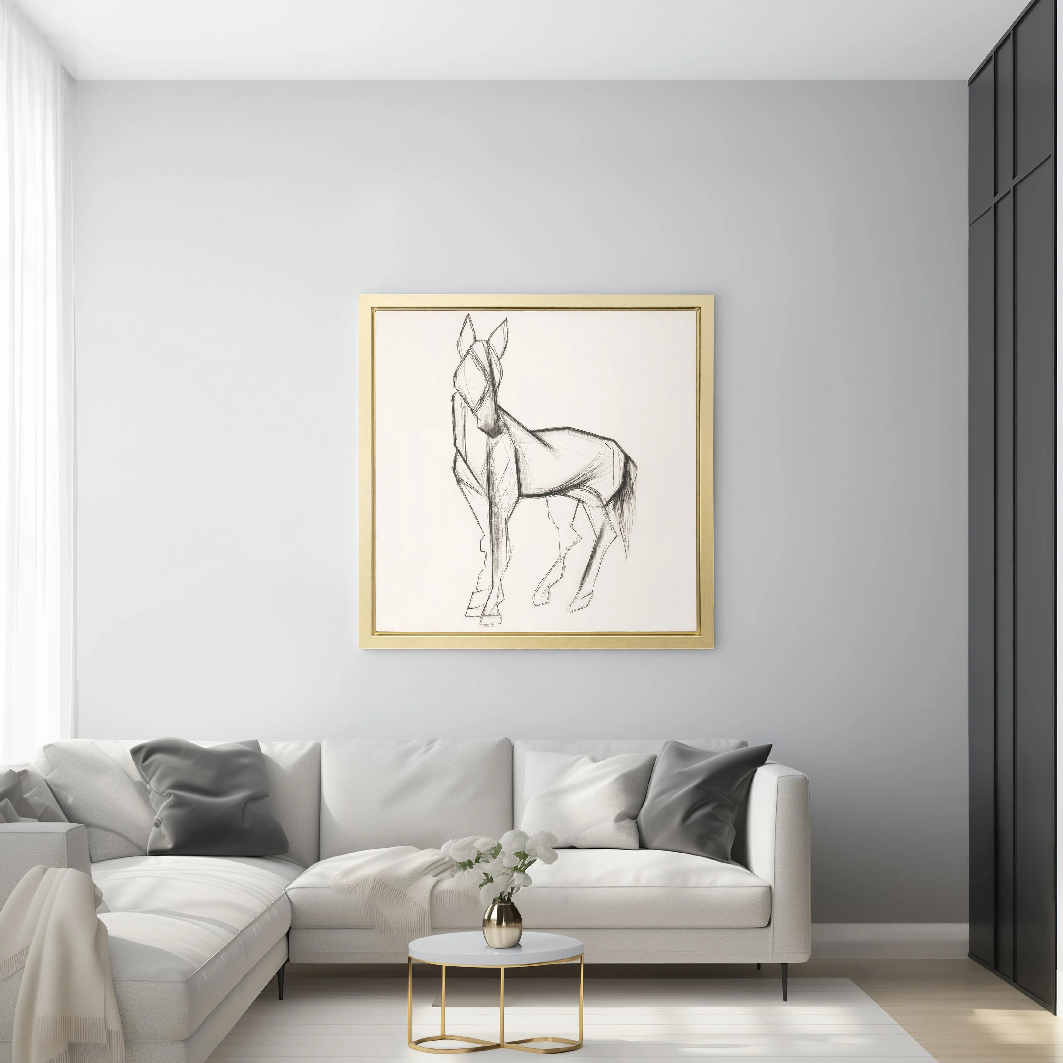 47X47, HAND PAINTED ELEGANT HORSE SKETCH, BLK/WHT
