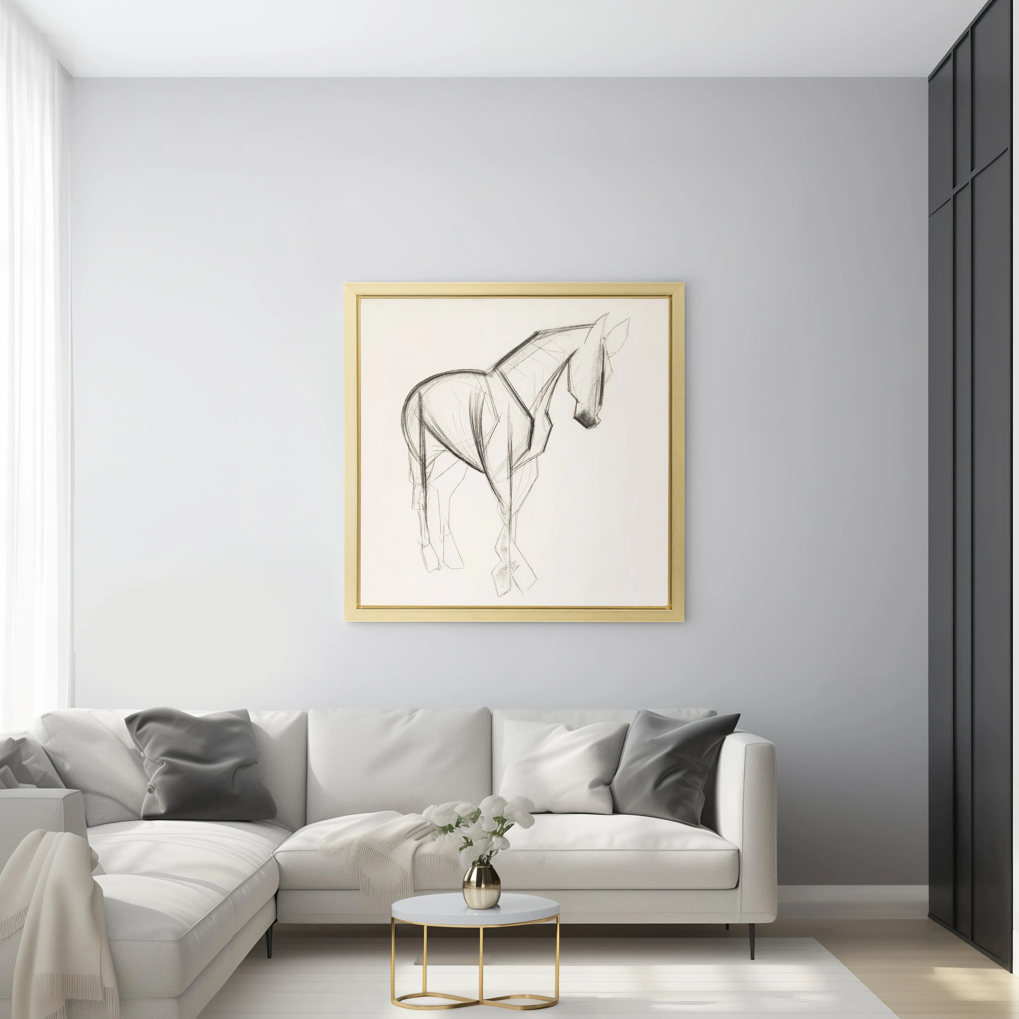 47X47, HAND PAINTED ELEGANT HORSE SKETCH, BLK/WHT