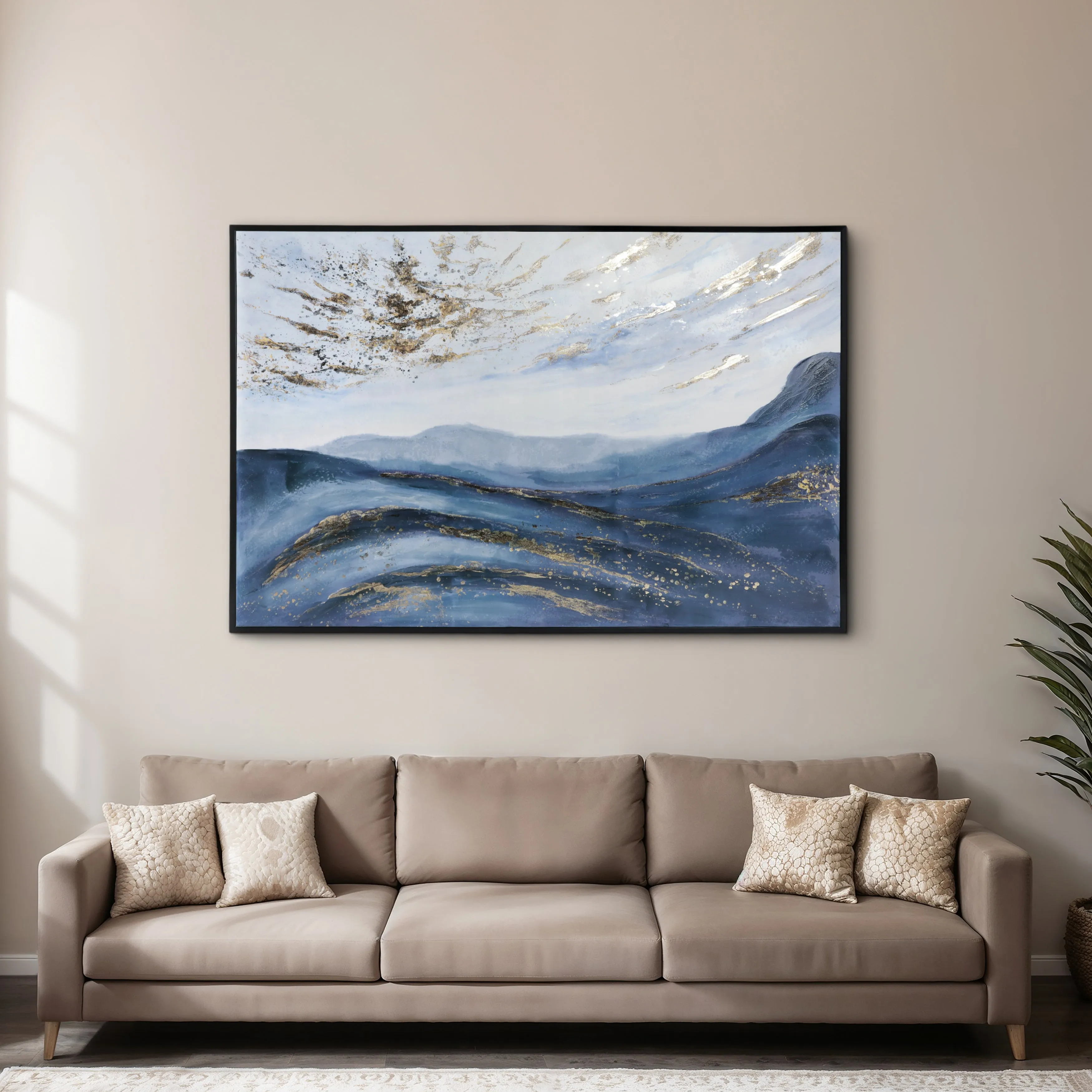 60X40  HAND PAINTED CANVAS, BLUE/GOLD