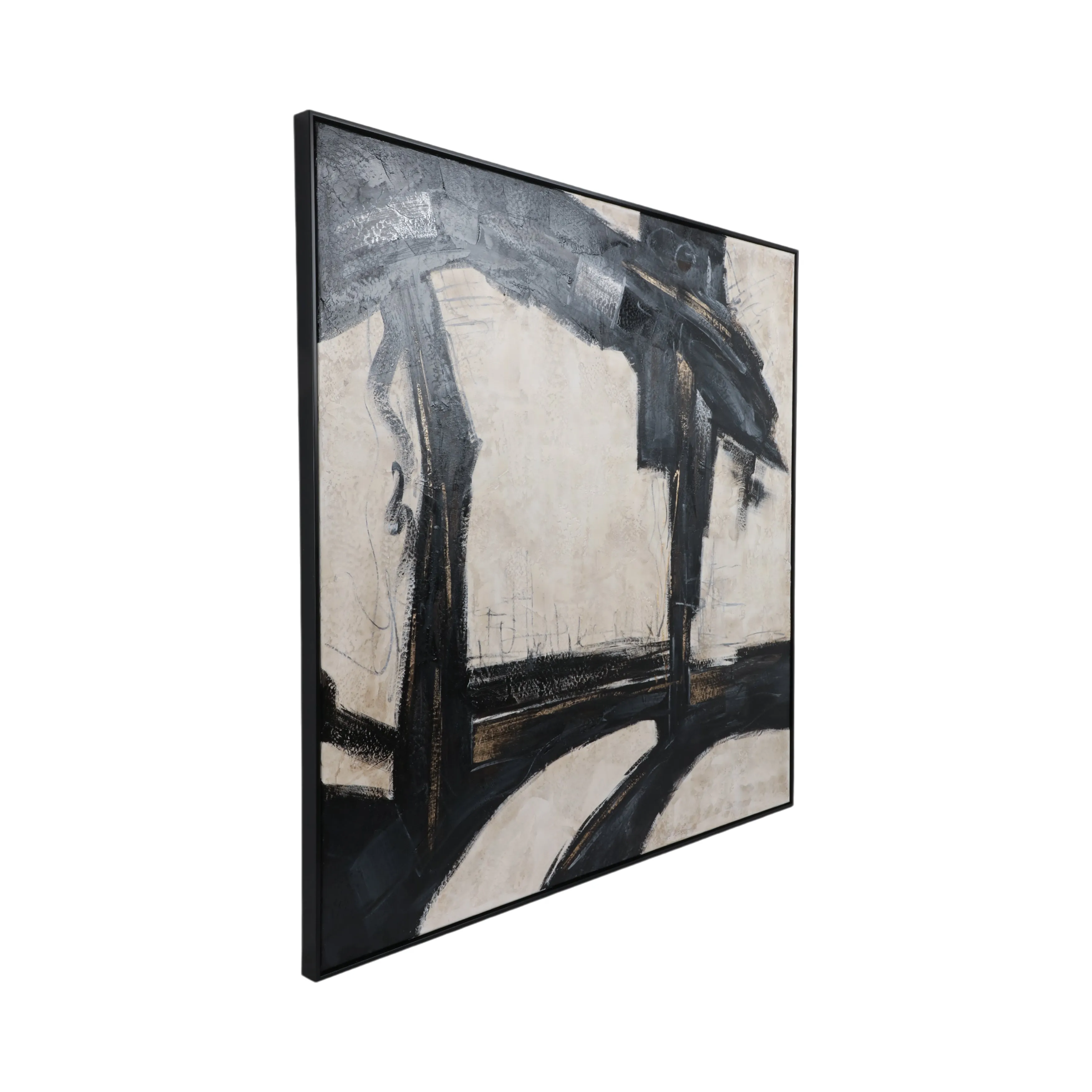 61X61 FRAMED HAND PAINTED ABSTRACT CANVAS, BLACK/G