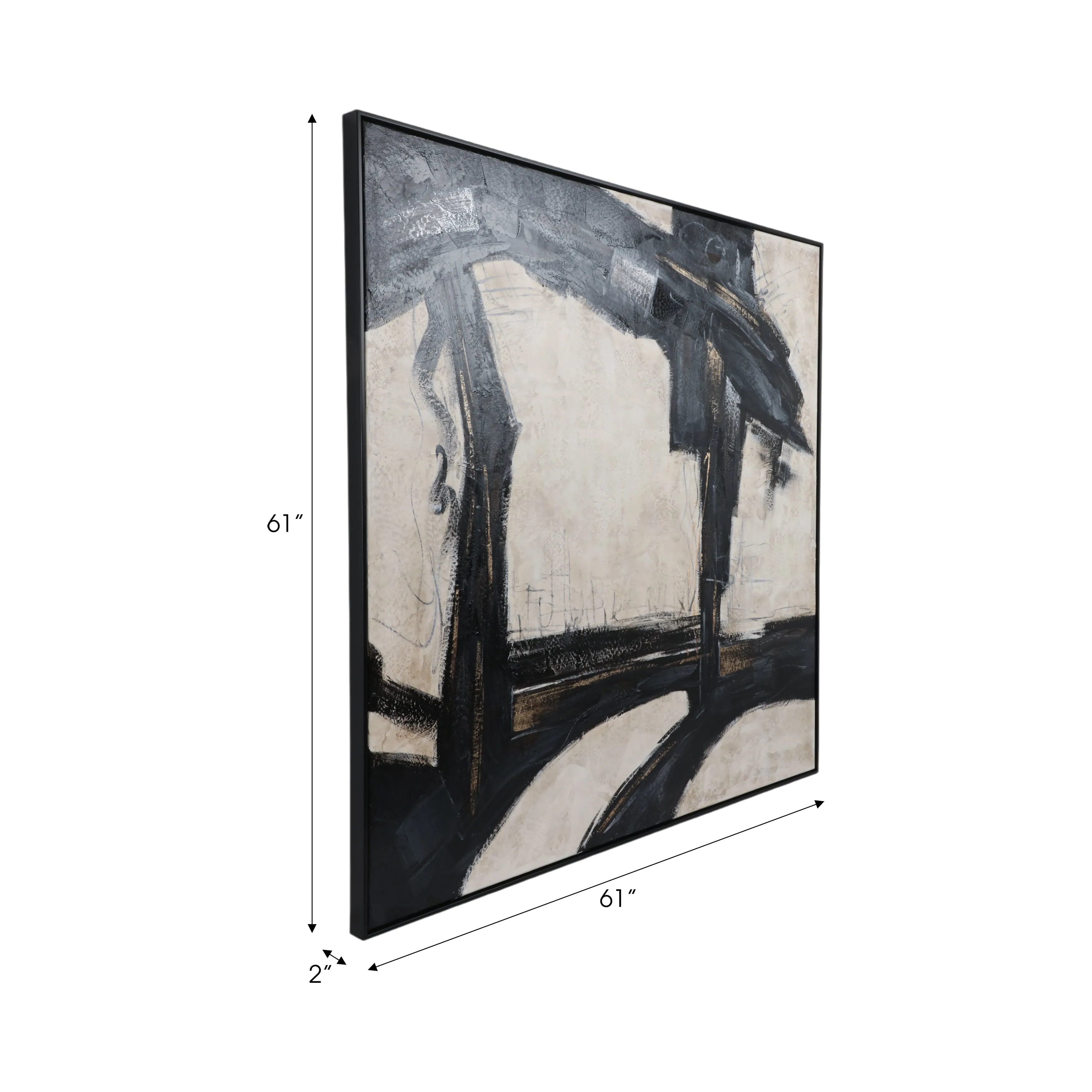 61X61 FRAMED HAND PAINTED ABSTRACT CANVAS, BLACK/G