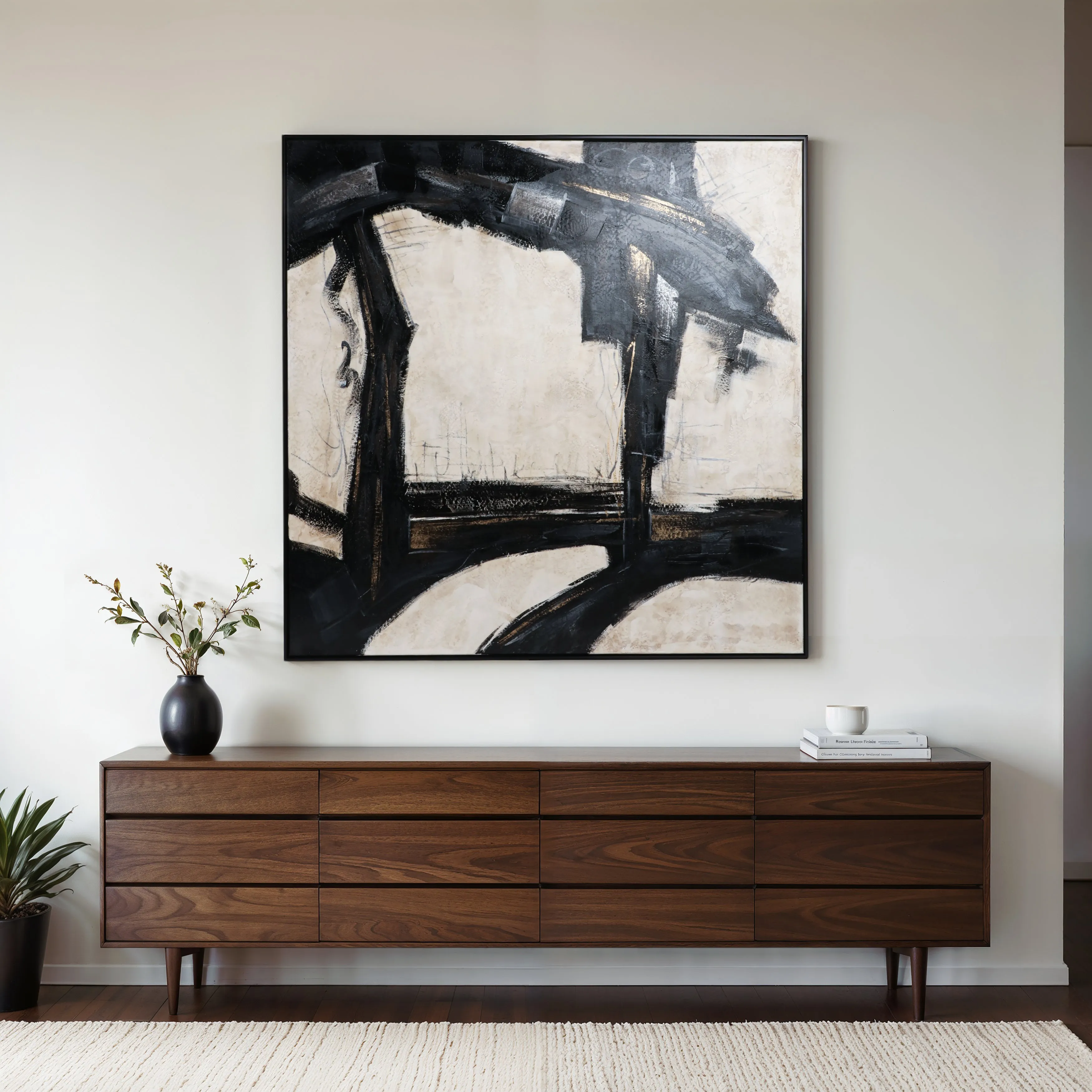61X61 FRAMED HAND PAINTED ABSTRACT CANVAS, BLACK/G