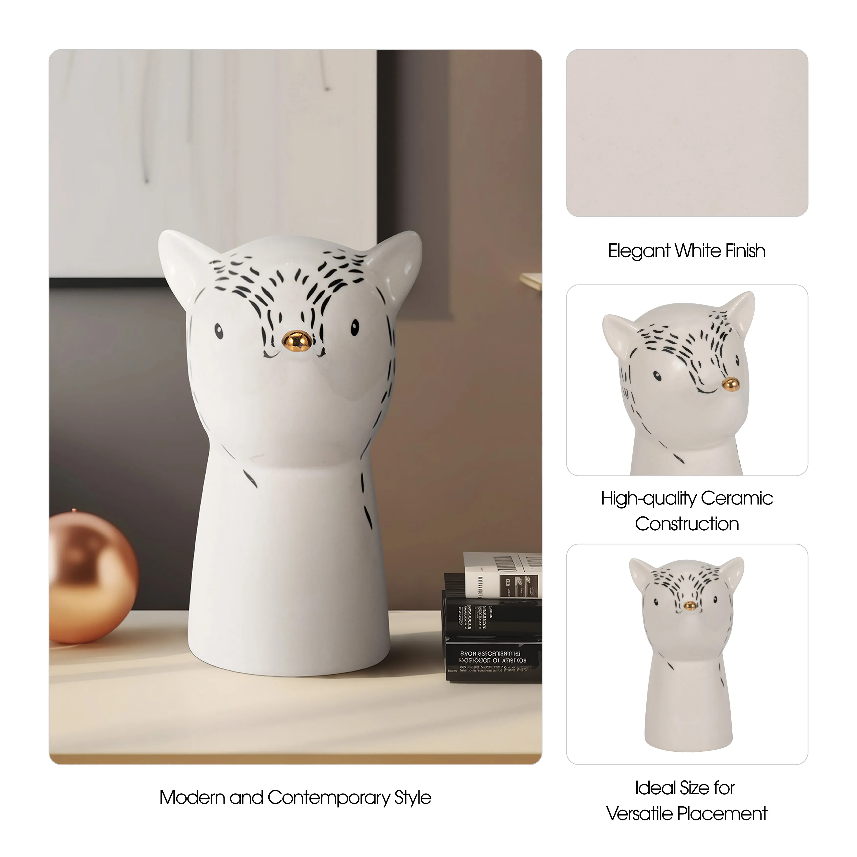 6" Fox Head With Gold Nose, White/black