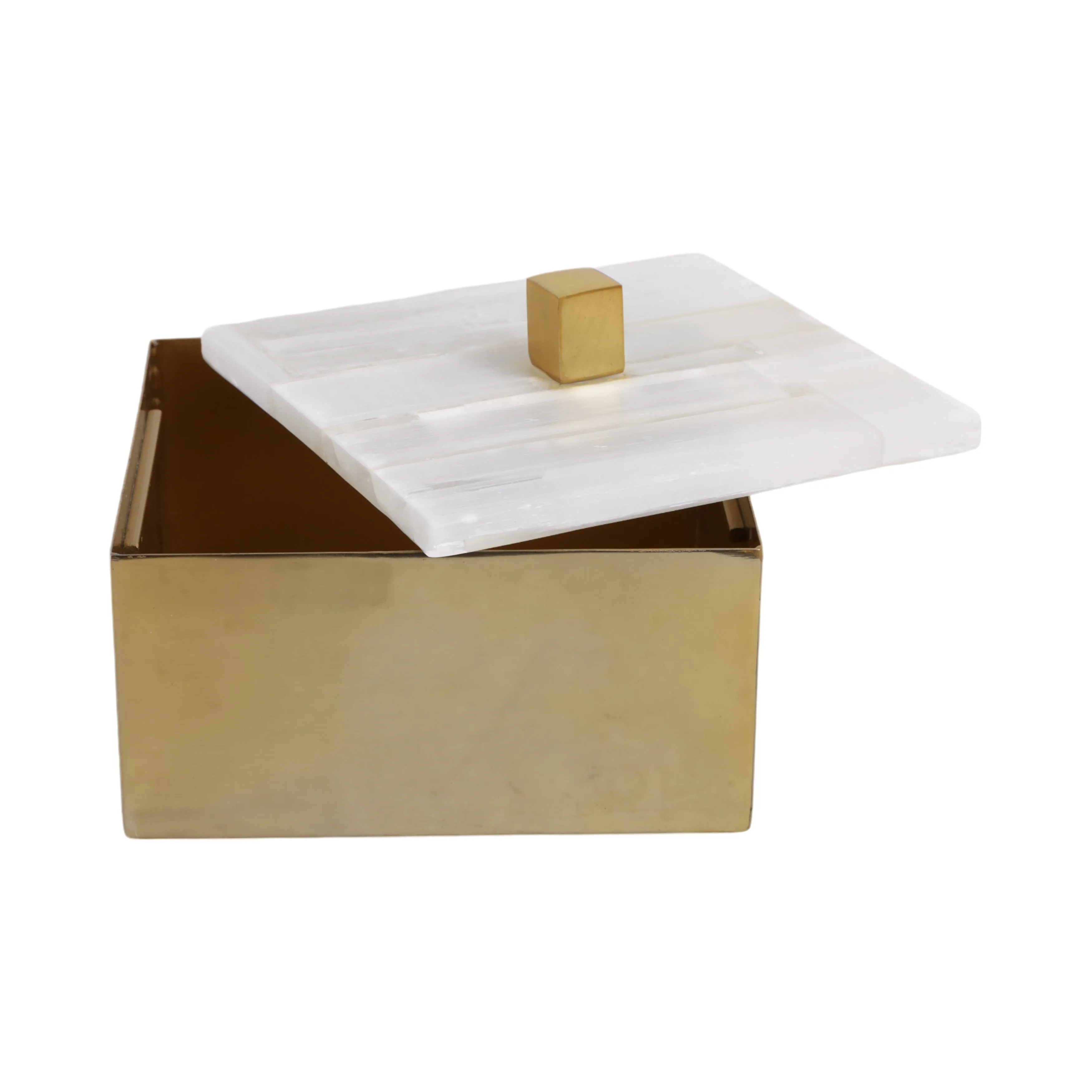 6" Square Selenite Top Box, White/gold